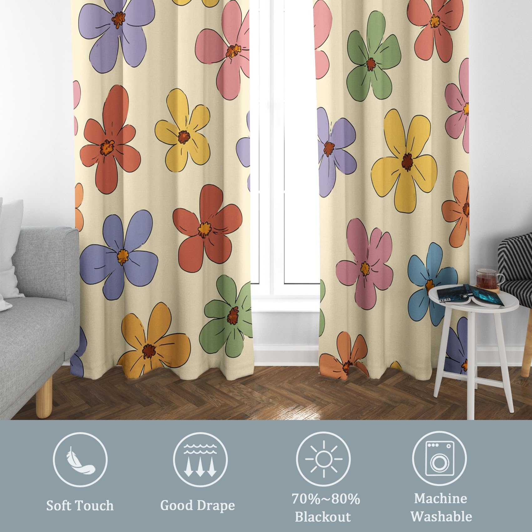 Gänseblümchen Vorhänge Mit ösen Blickdicht, Niedlich Retro 70er Jahre Bunt Blumen Vorhang Schlafzimmer Wohnzimmer Küche 140 x 245 cm Lang, Übergardinen Innen Verdunklungsvorhänge