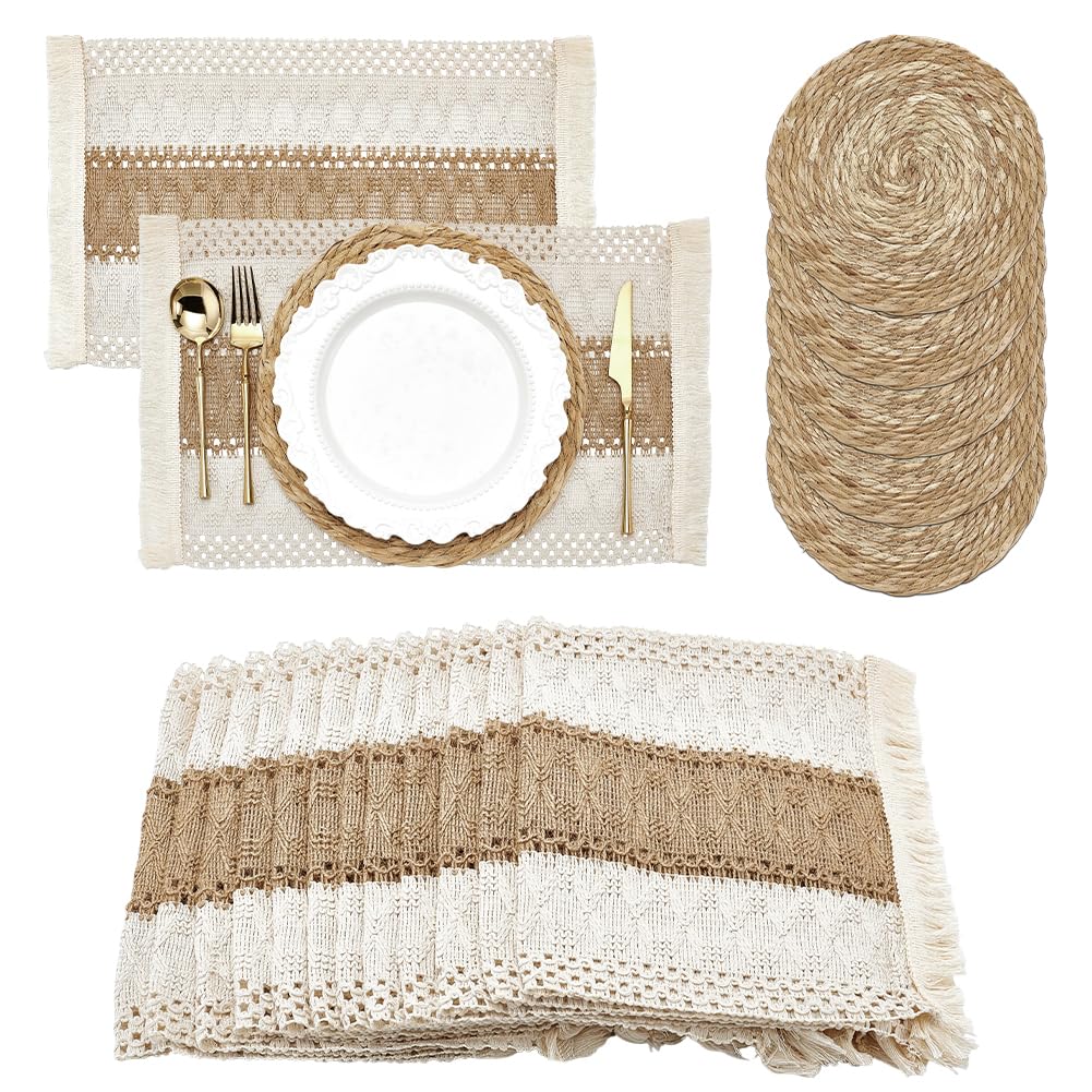 UNICRAFTALE Ensemble de 12 Sets de Napperons Bohème Faits à la Main en Rotin 12 Napperons de Table Rectangulaires avec Frange et 12 Napperons Ronds en Jonc Napperons de Style Ferme Tissés pour Cuisine