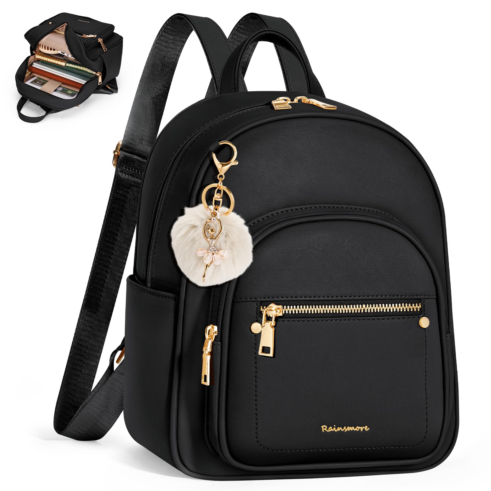 RAINSMORE Mini Backpacks Purse Women Waterproof PU Leather Small Backpack with Cute Pom Backpack Purses for Daily Outdoor