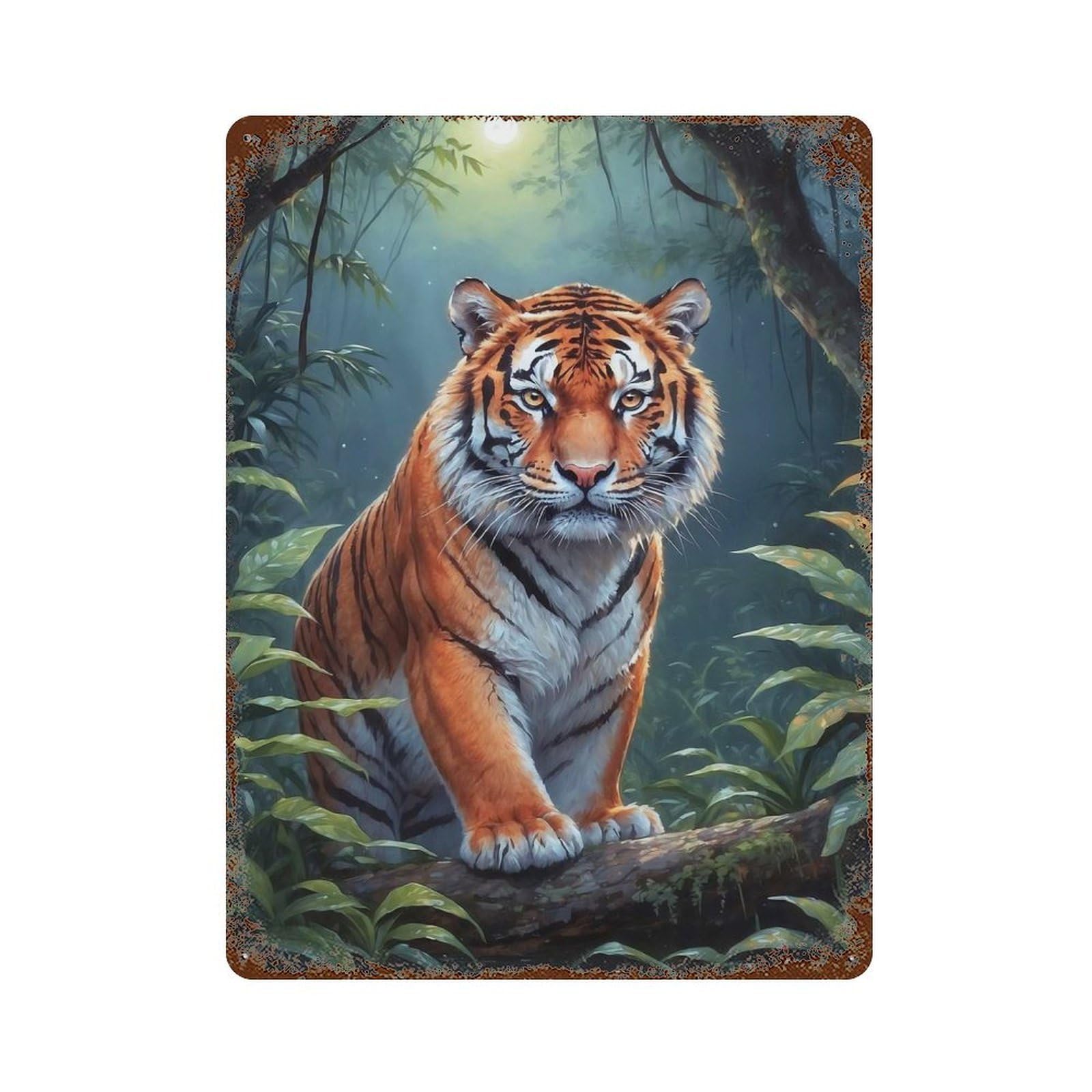 Garage Style Tiger in Moonlight Jungle Vintage Rust Metal Sign 15.7"x11.8", Vintage Wall Decor for Bar And Workshop