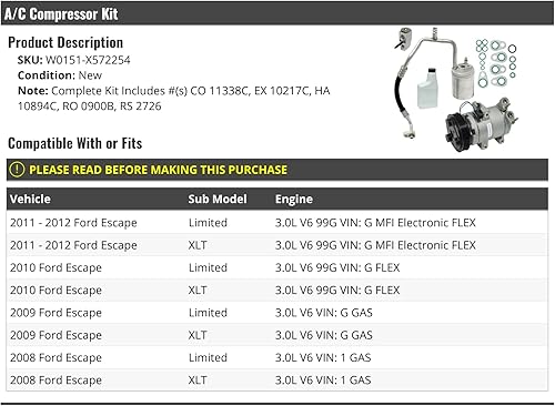 Kit de compresor de A/C - Compatible con Ford Escape 3.0L V6 2008-2012