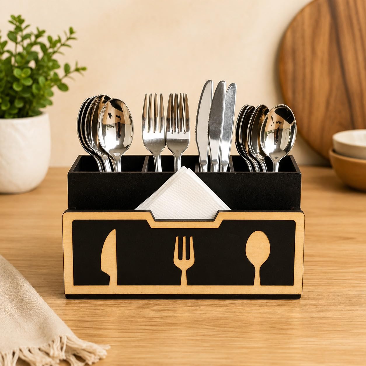 Wooden Cutlery Stand with Tissue Holder - Kitchen Organizer -7