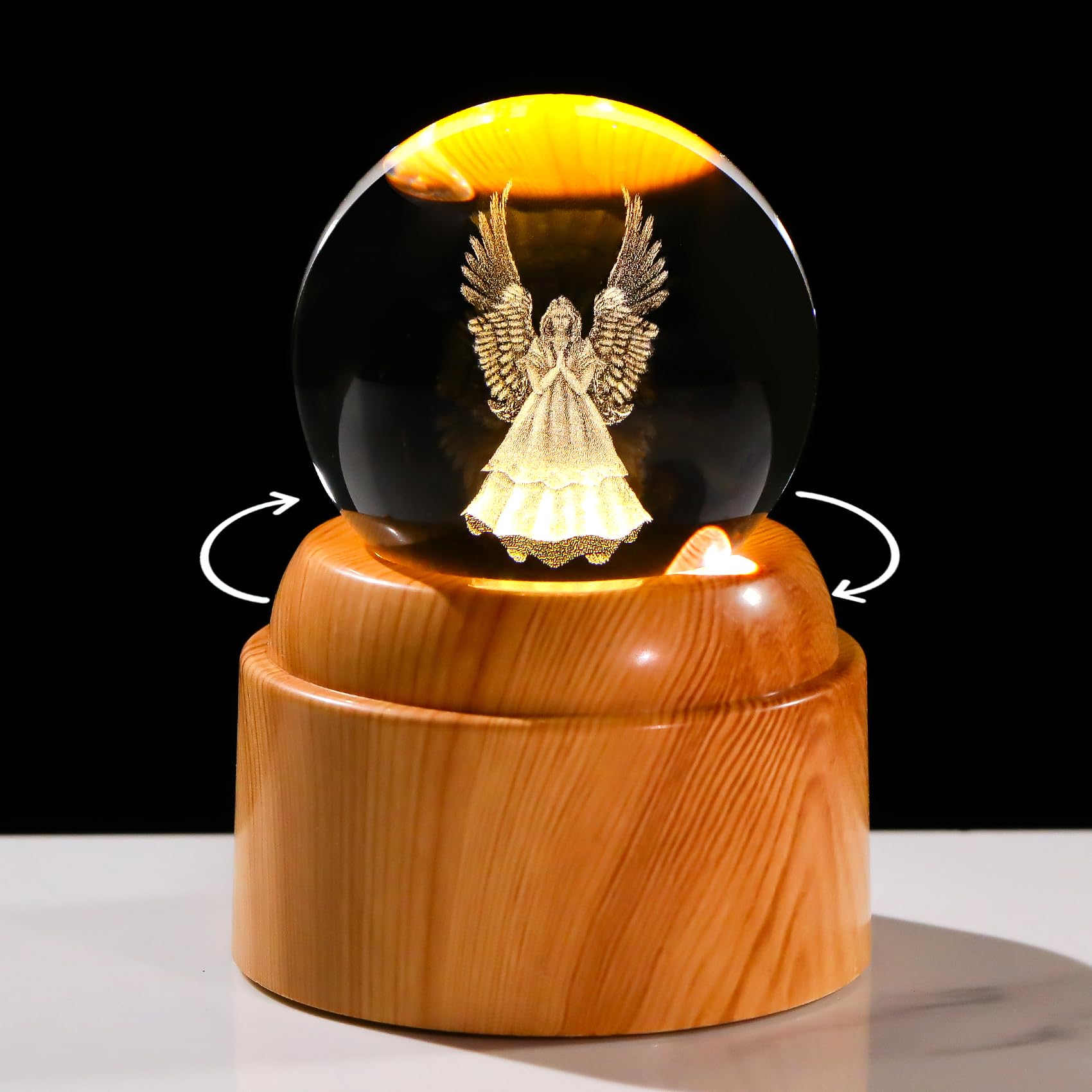 Figurine d'ange en cristal de 6 cm avec son socle lumineux rotatif