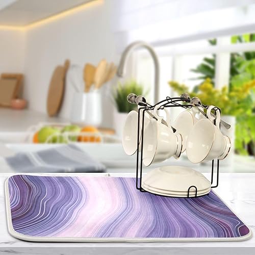 Miniatura 5 de Tapete de secado de platos para encimera de cocina, hermosa textura de mármol morado, ultra absorbente, reversible, de microfibra, resistente al
