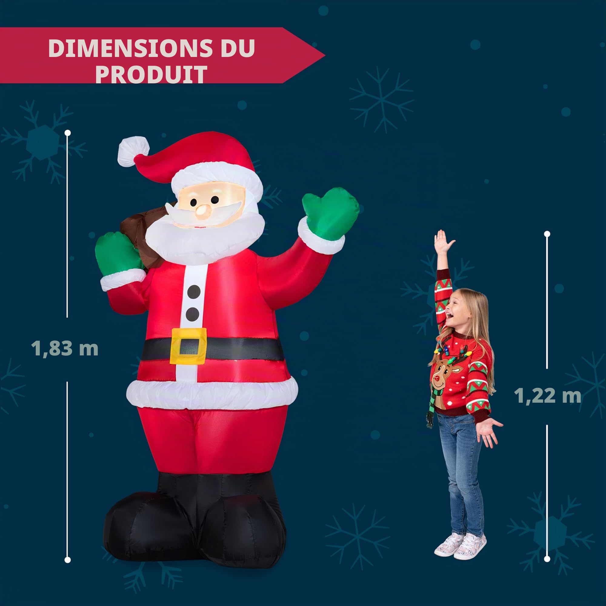 Joiedomi Père Noël gonflable de 1,8 m Sac cadeau de Noël géant gonflable à LED pour décoration de cour, intérieur ou extérieur