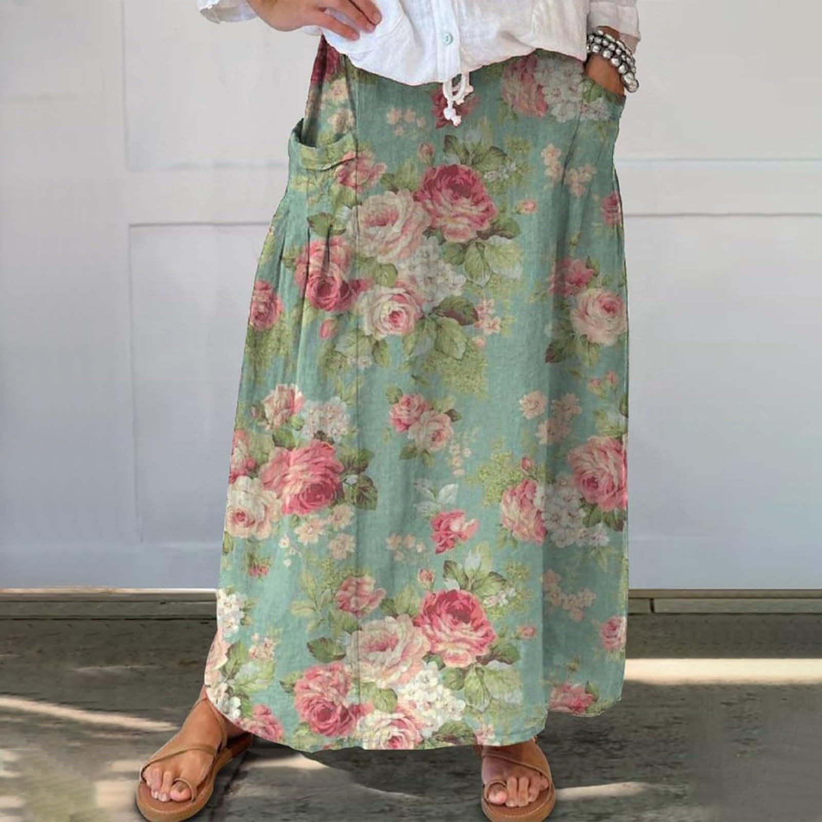Jupe imprimée en lin pour femme - Robe décontractée tendance - Jupe à taille élastique avec poche - Motif floral - Jupe de maternité grande taille pour femmes et filles - À porter à la maison ou
