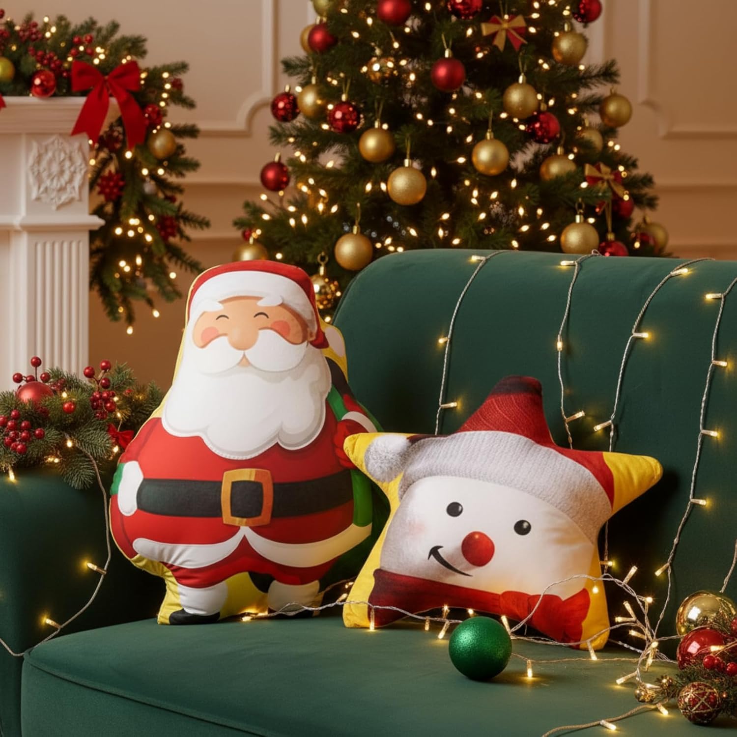 18.9 Inches Christmas Santa Claus Snowman Throw Pillows Set of 2 Christmas Decoration 3D Cute Plush Pillows for Xmas Winter Home Couch Decoration Party Living Room Bedroom Sofa Supplies