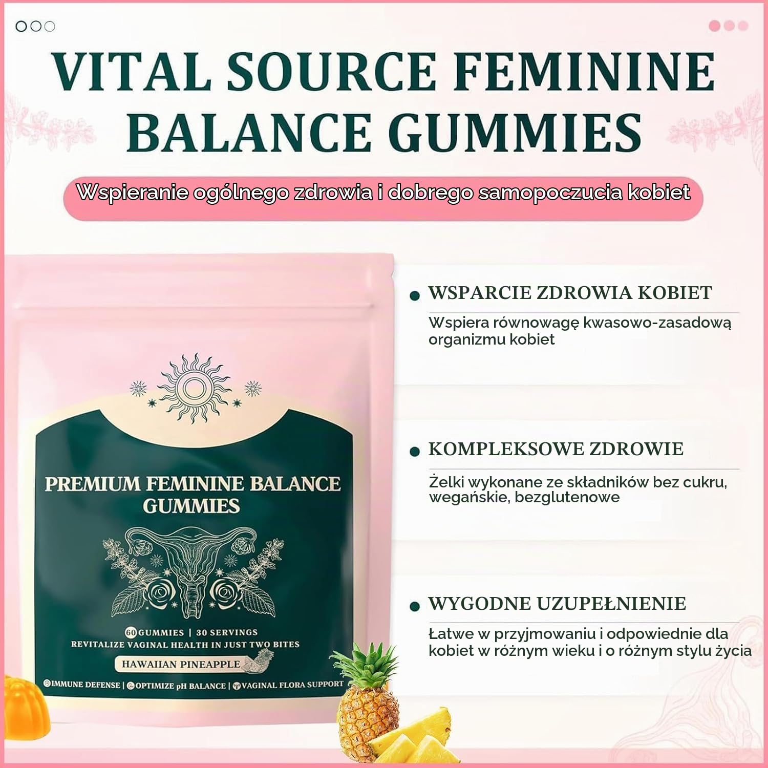 Vital Source Nutrition - żelki Premium Feminine Balance, żelki Vital Source Feminine Balance dla kobiet, witalność, relaks, wsparcie trawienia i energii,3Pcs