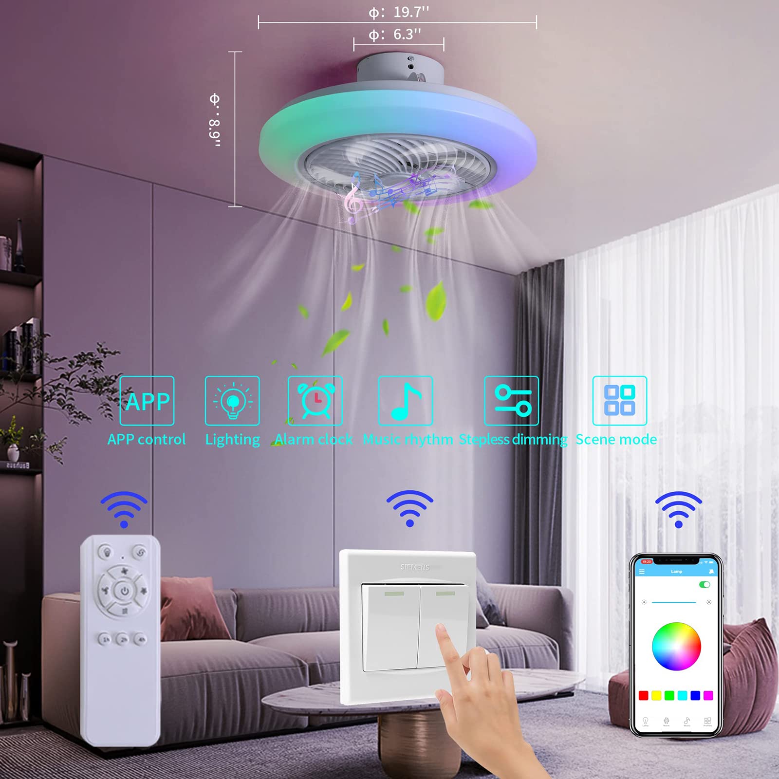 RGB plafondlamp met ventilator en muziek Bluetooth speaker Rustige plafondventilator met LED lamp verlichting en afstandsbediening Dimbare fan plafond lamp voor slaapkamer Kinderkamer Fan Light