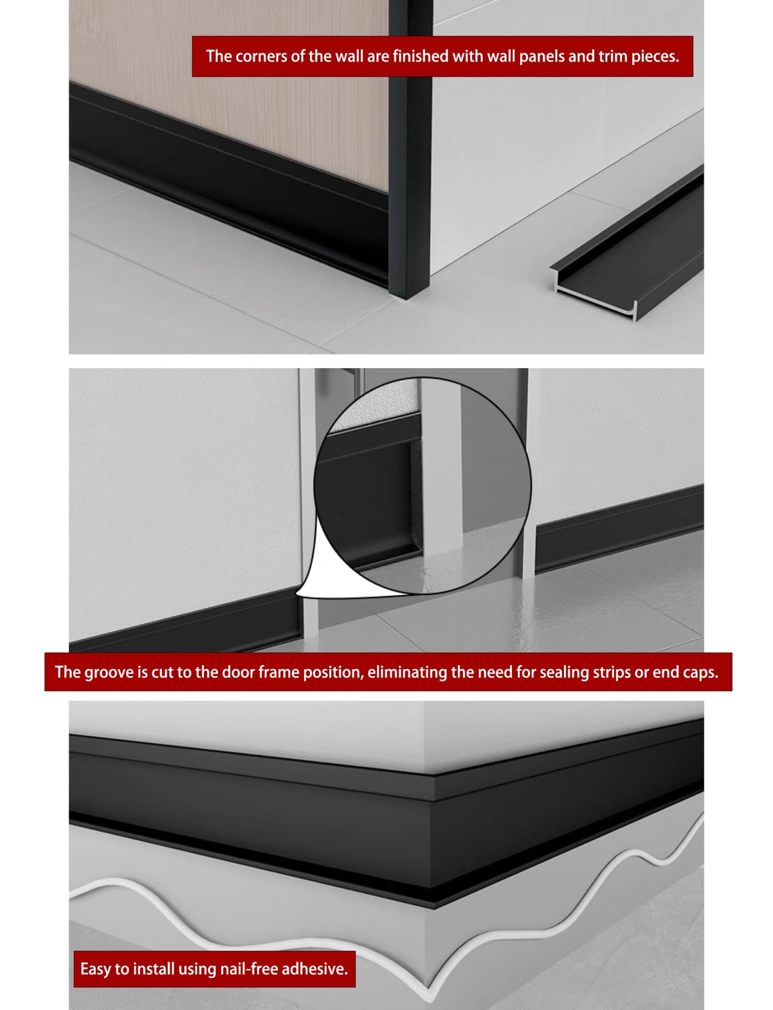 Battiscopa da incasso in alluminio ultra sottile, rivestimento invisibile, set completo con angoli, battiscopa da incasso facile da installare