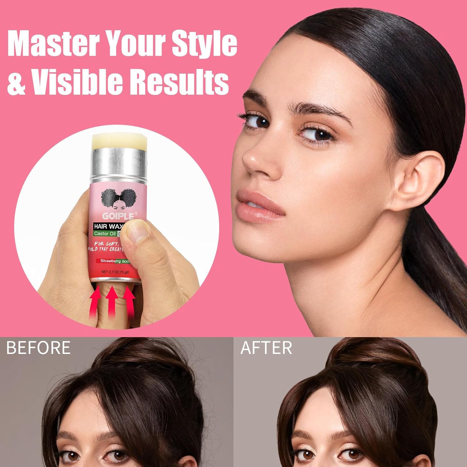 Hair Wax Stick a lunga durata, non grassi, bastone per capelli ribelli, bastone di cera per donne e bambini, con spazzola per capelli lisci, spazzola per bordi, pettine a coda di topo e pinza per