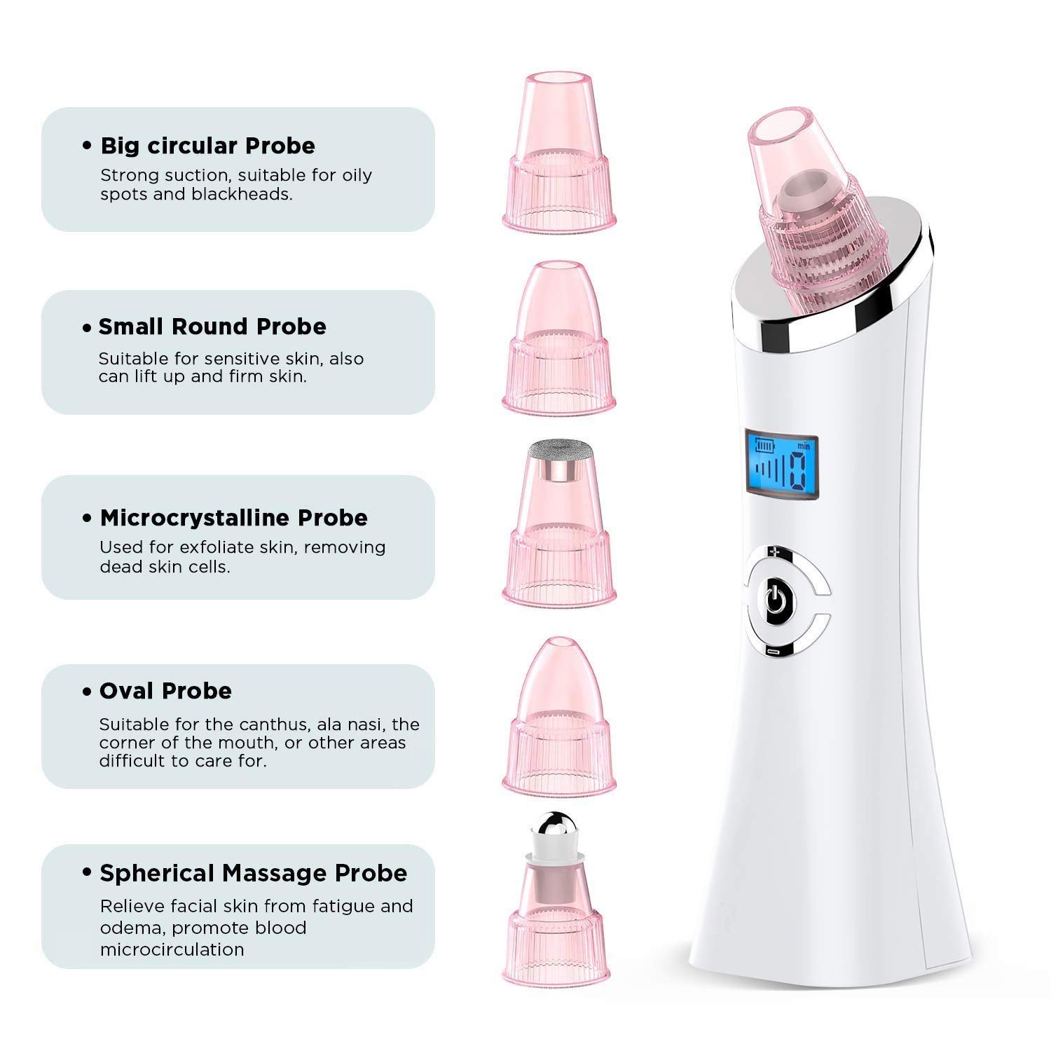 Removedor Blackhead Vacuum Professional PORUS Cleadera de vacío Acne Extractor USB Recargable LED Pantalla 5 Modos 5 Sondas reemplazables
