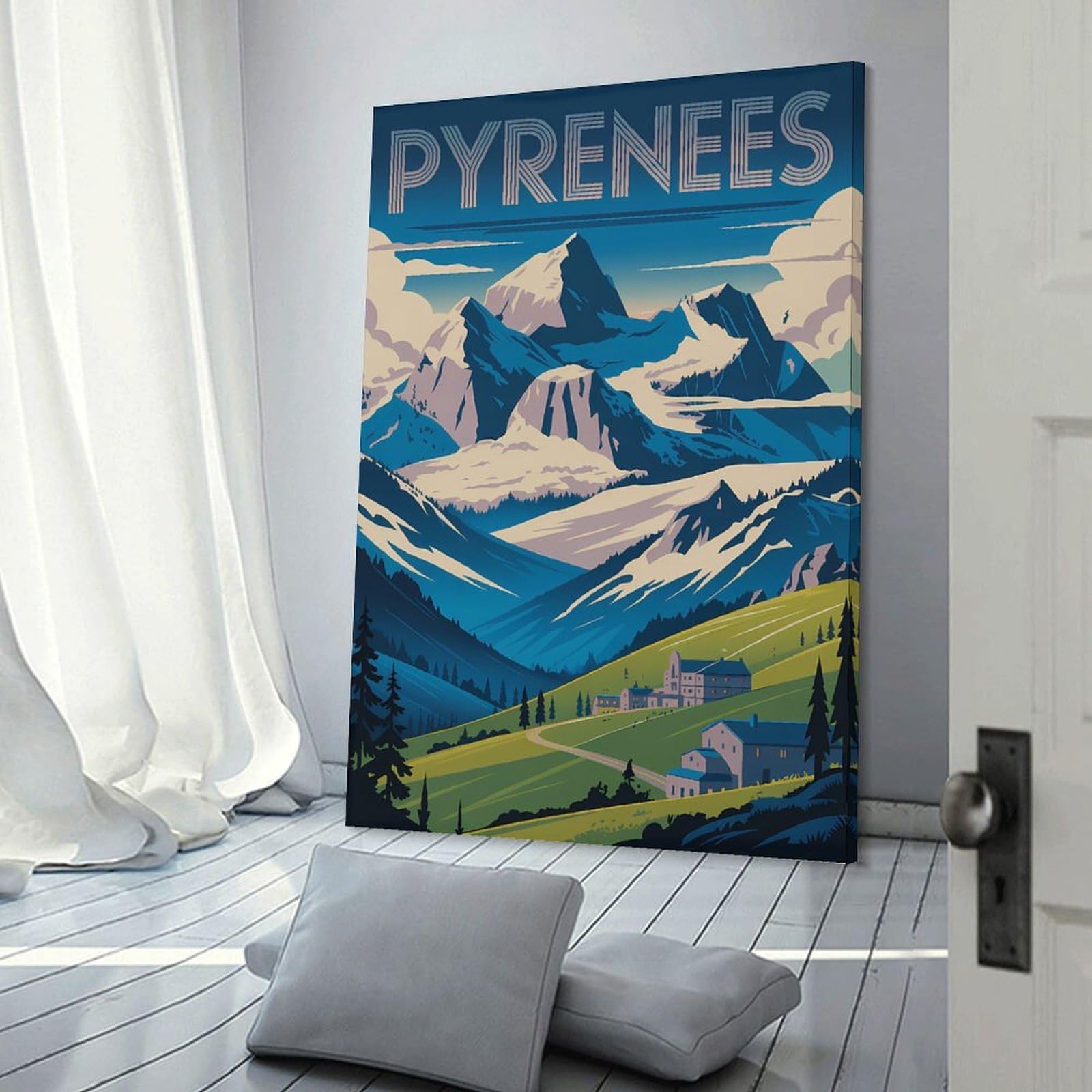 Junmoney Pyrenees Mountain Landscape Illustration Wall Picture Print 20x30inch(50x75cm), for Corridors, Hallways Or Apartment Entries, Wall Decor to Refresh Empty Corners
