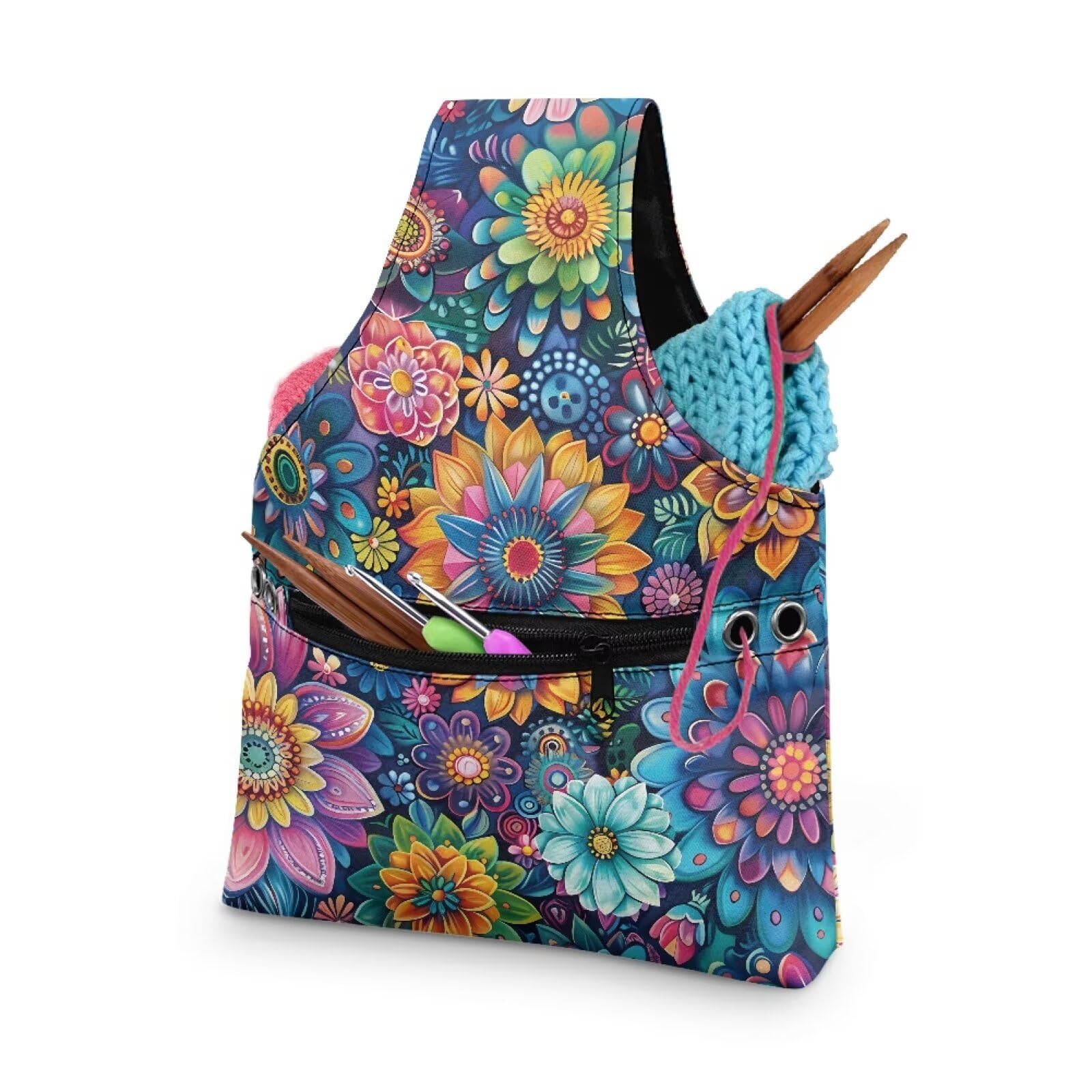 ZUXONGSYBoho Colorful Floral Yarn Bag with Holes for Crochet Lightweight Yarn Storage Bag Organizer Portable Knitting Handbags and Totes Knitting Accessories