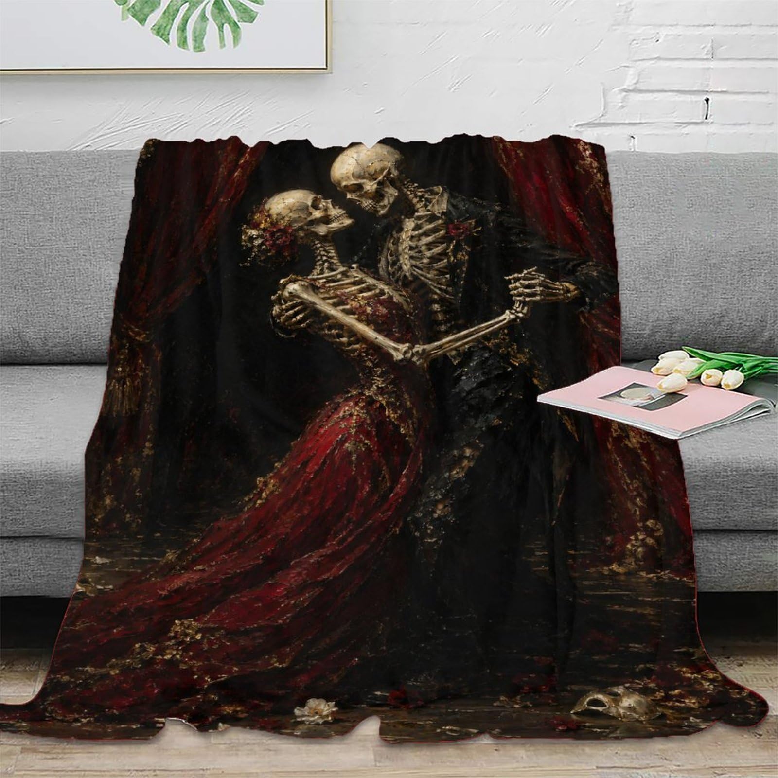 W7C8U2X3 Dancing Skeleton Couple Throw Blanket, Flannel, Gothic Fantasy Art