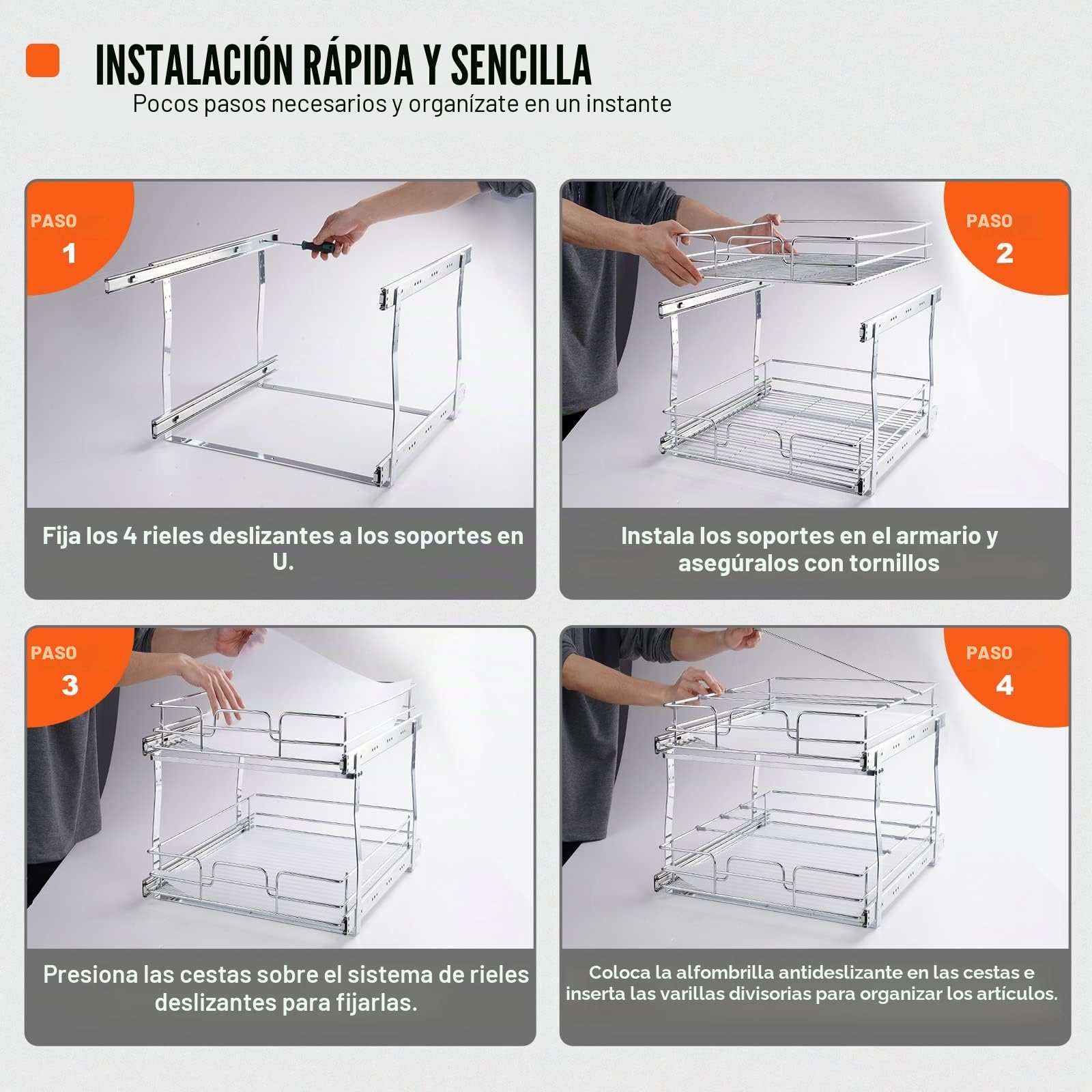VEVOR Organizador Extraíble Debajo del Fregadero 2 Niveles 355x539x383 mm Estante Deslizante de Acero Cromado Carga de 30 kg Deslizamiento Suave para Cocina Tamaño de Instalación 385x569x483 mm