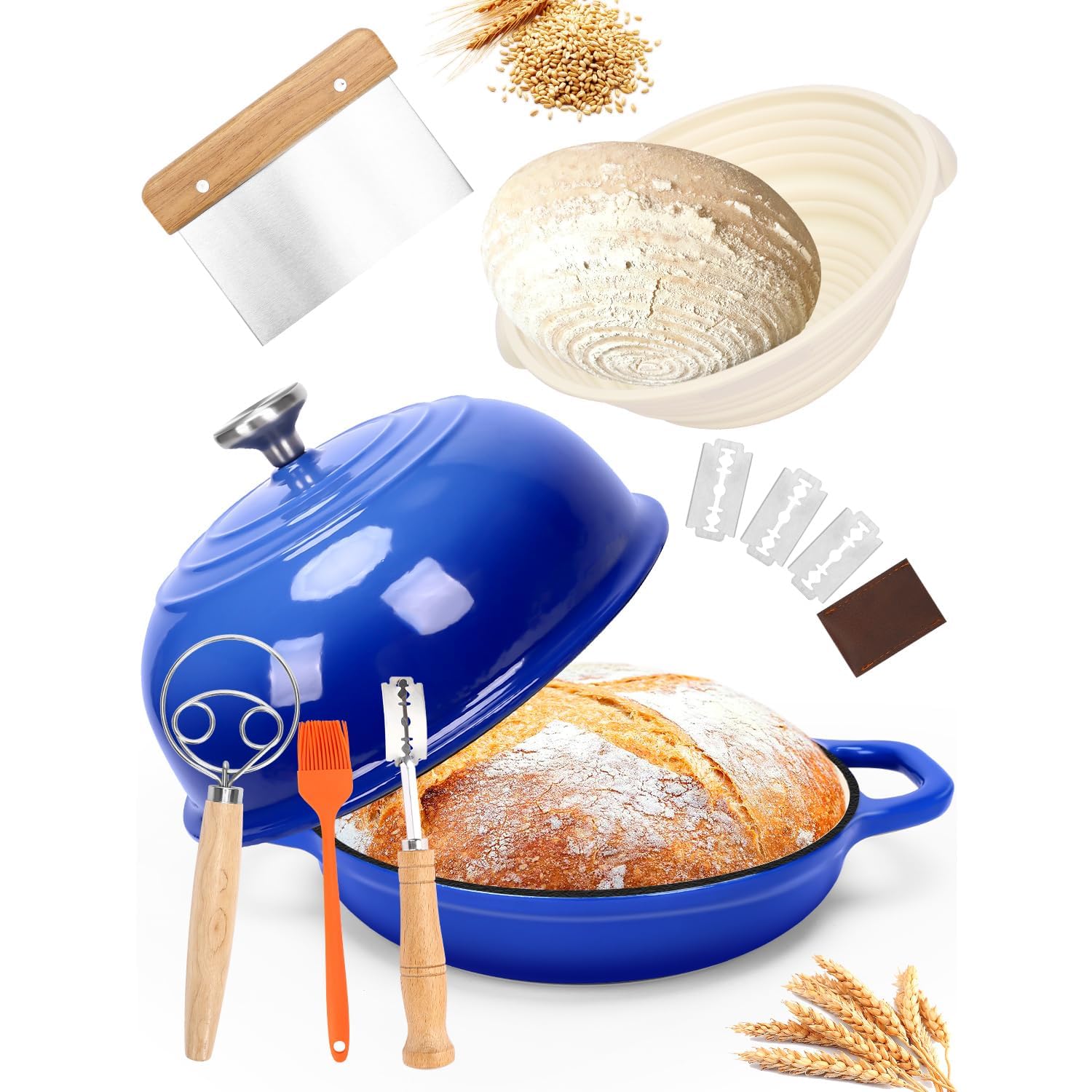 GFTIME Żeliwny kociołek holenderski z pokrywką, garnek do pieczenia chleba z koszem, pojedynczy frez, mikser do ciasta, pieczenie na zakwasie do kuchni, duszenia, 5 l, niebieski
