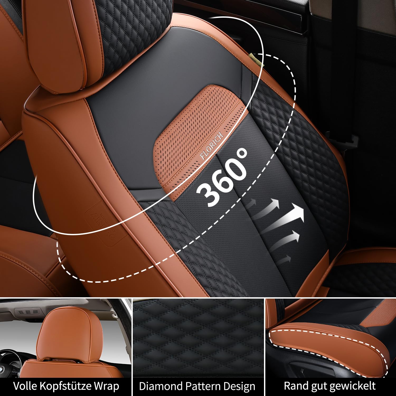 FLORICH Housses de Sièges Avant en Cuir, 2 Pièces Universelles Premium Housses de Sièges Auto Imperméables pour Voitures, Camions, Camionnettes, SUVs (Sièges Avant, Marron&Noir)