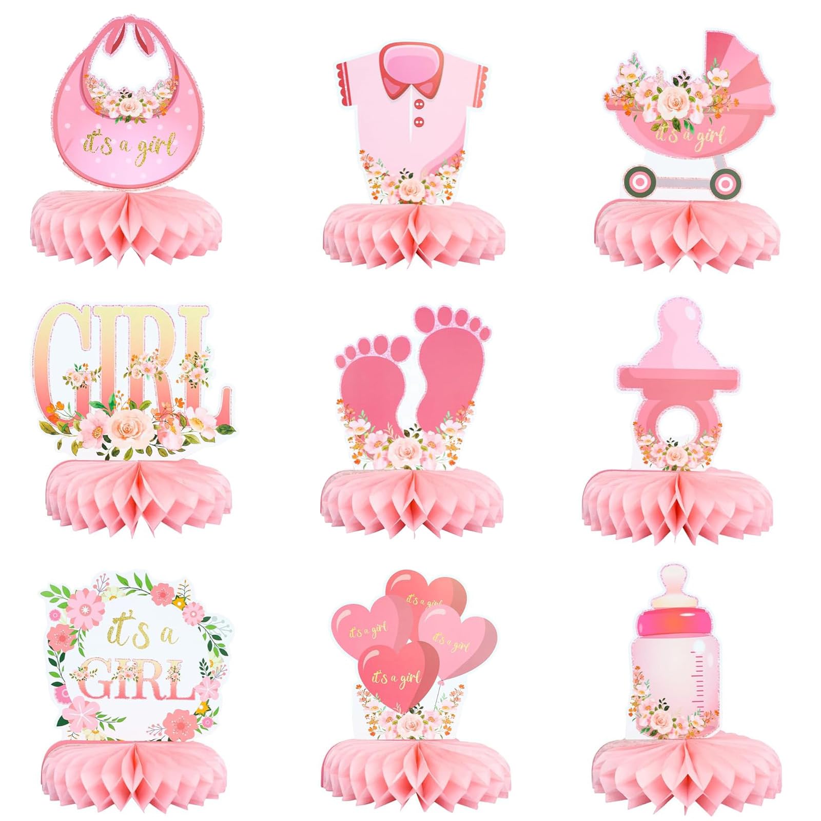 9Pcs Pink Baby Shower Decorations Girl, Honeycomb Centerpieces, Floral It's a Girl Theme Gender Reveal Table Toppers, Table Centerpieces for Baby Girl Pregnancy Announcement & Baby Shower Party Favors — image 1