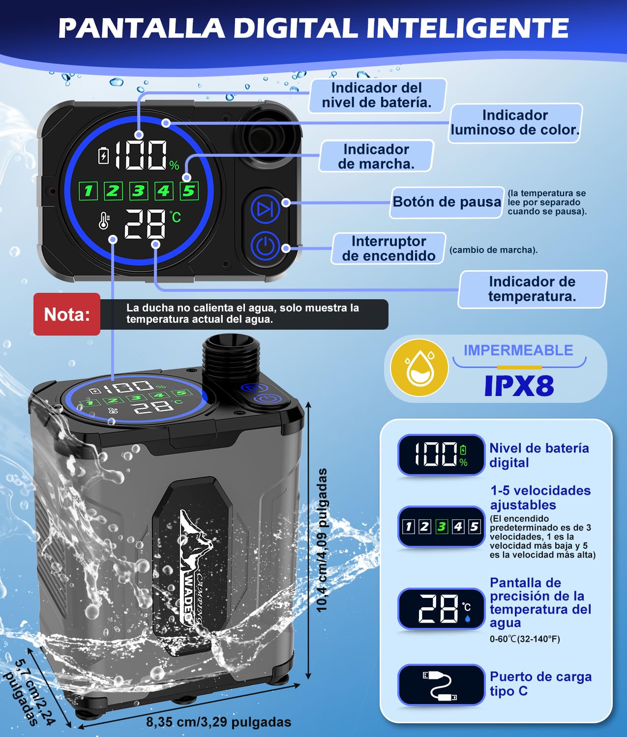 WADEO Ducha portátil de Camping con batería de 6000 mAh, Bomba y función de Calentamiento, depósito de Agua Plegable de 20 litros, indicador de Temperatura LED, para Acampada, Viajes y jardín | Uso en camping, Con bomba incluida