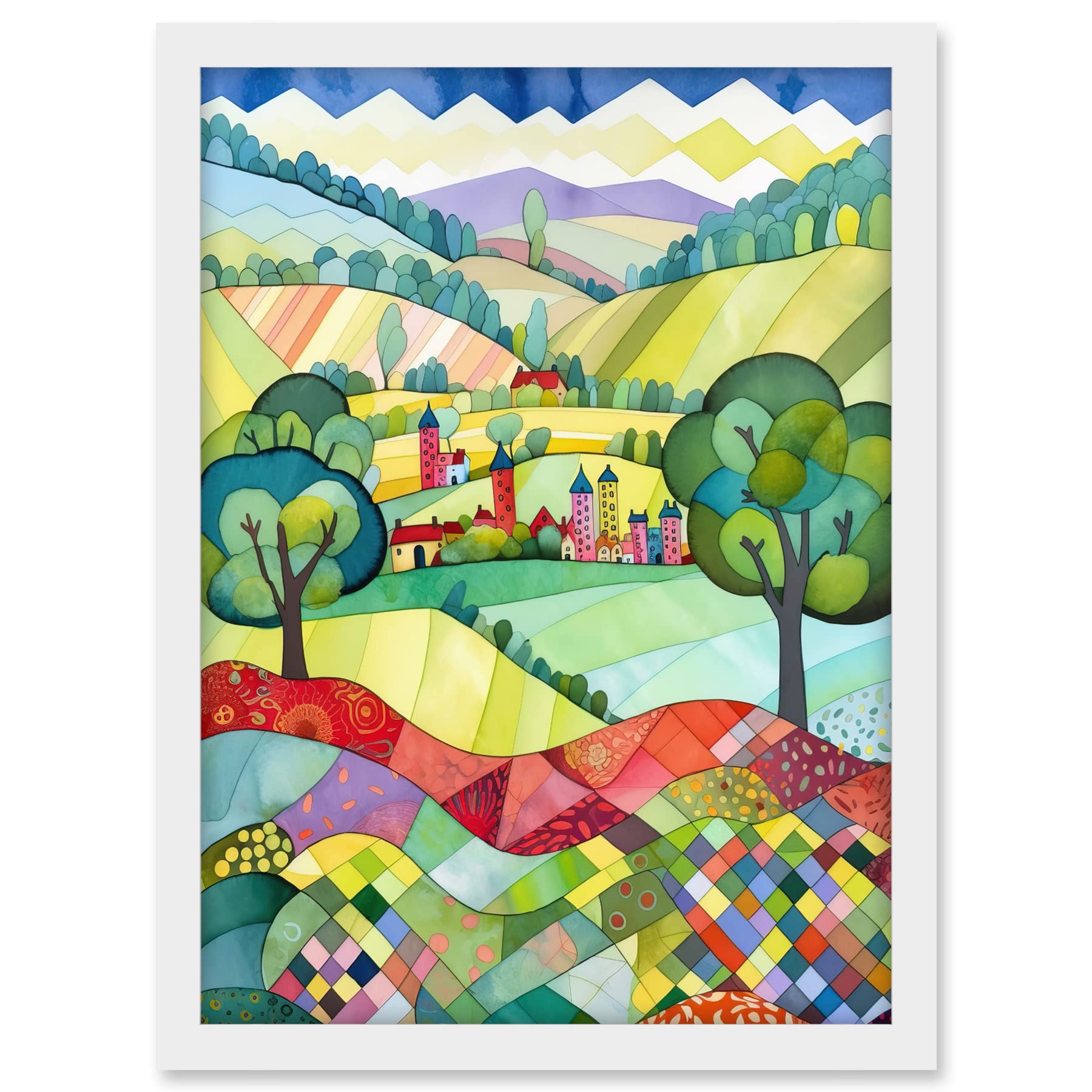 Artery8 English Countryside Rural Landscape Folk Art Watercolour Painting Artwork Framed A3 Wall Art Print