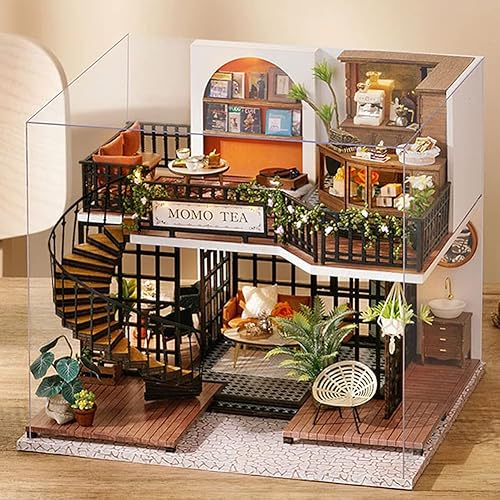 Miniatura 6 de Mini casa de muñecas en miniatura de madera, tienda de té del bosque, escena, modelo de construcción, casa de juguete con luces LED y cubierta