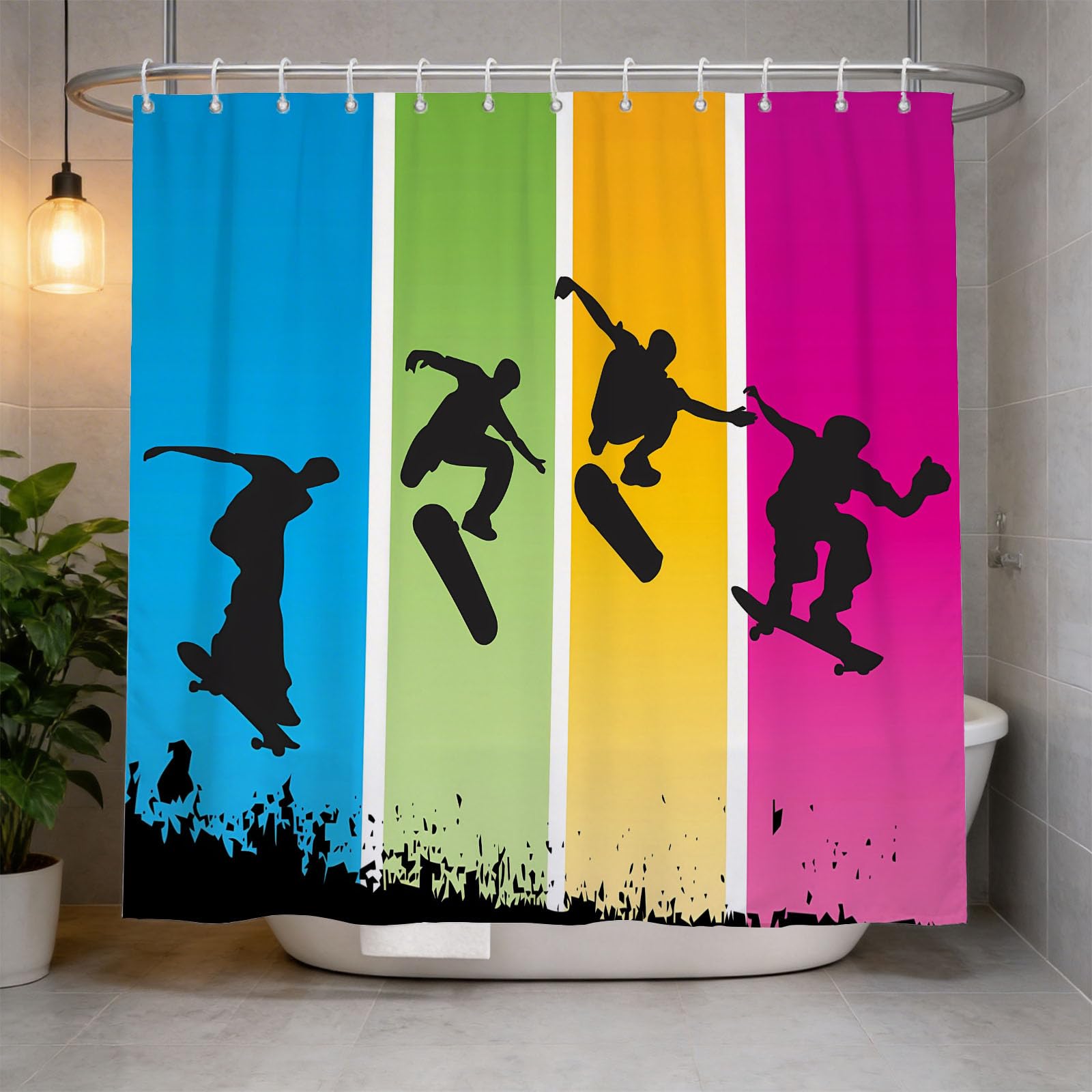 Hongduo 3D Skateboard Shower Curtain for Stalls Bathtubs Silhouette Bathroom Decor Shower Curtain Set Polyester Fabric Waterproof 180x200cm/71X79 Inch with Hooks