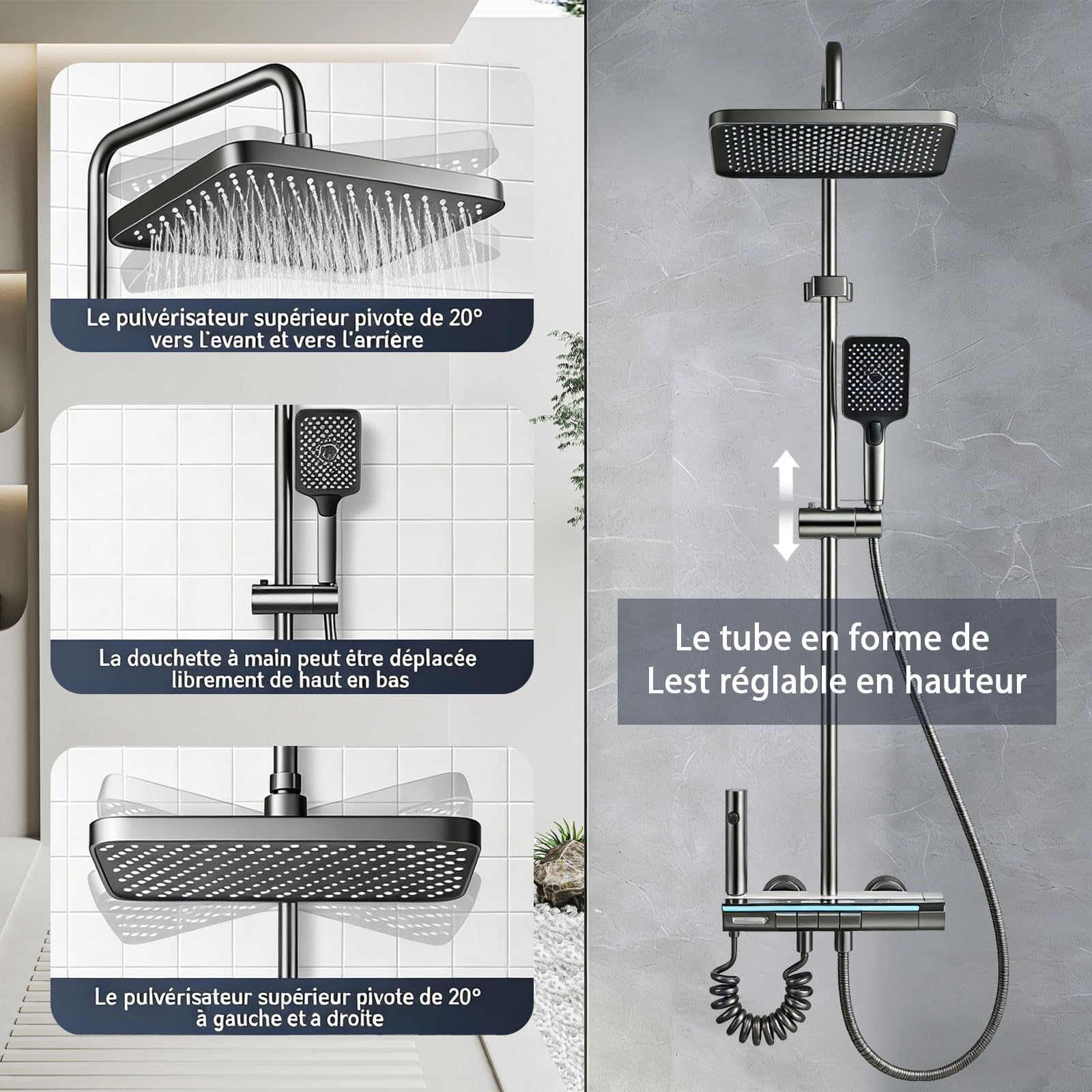Colonne de Douche Thermostatique Titanium 4 en 1 | Colonne de Douche avec Mitigeur | Écran LED | Effet Pluie 30cm | Hauteur Réglable 83-110cm, pour Baignoire et Salle de Bain