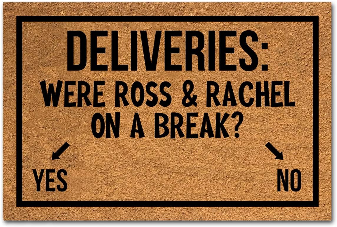 Funny Coir Doormat: Ross and Rachel 'On A Break' Front Door Mat - Entryway & Outdoor - Heavy Duty Porch Welcome Mat - Natural Coir - Brown - 23.7 x 15.7 inch