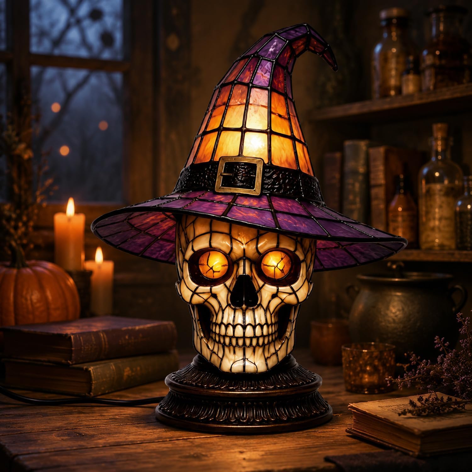 Stained Glass Witch Hat Lamp, USB Gothic Night Light Halloween Home Decor