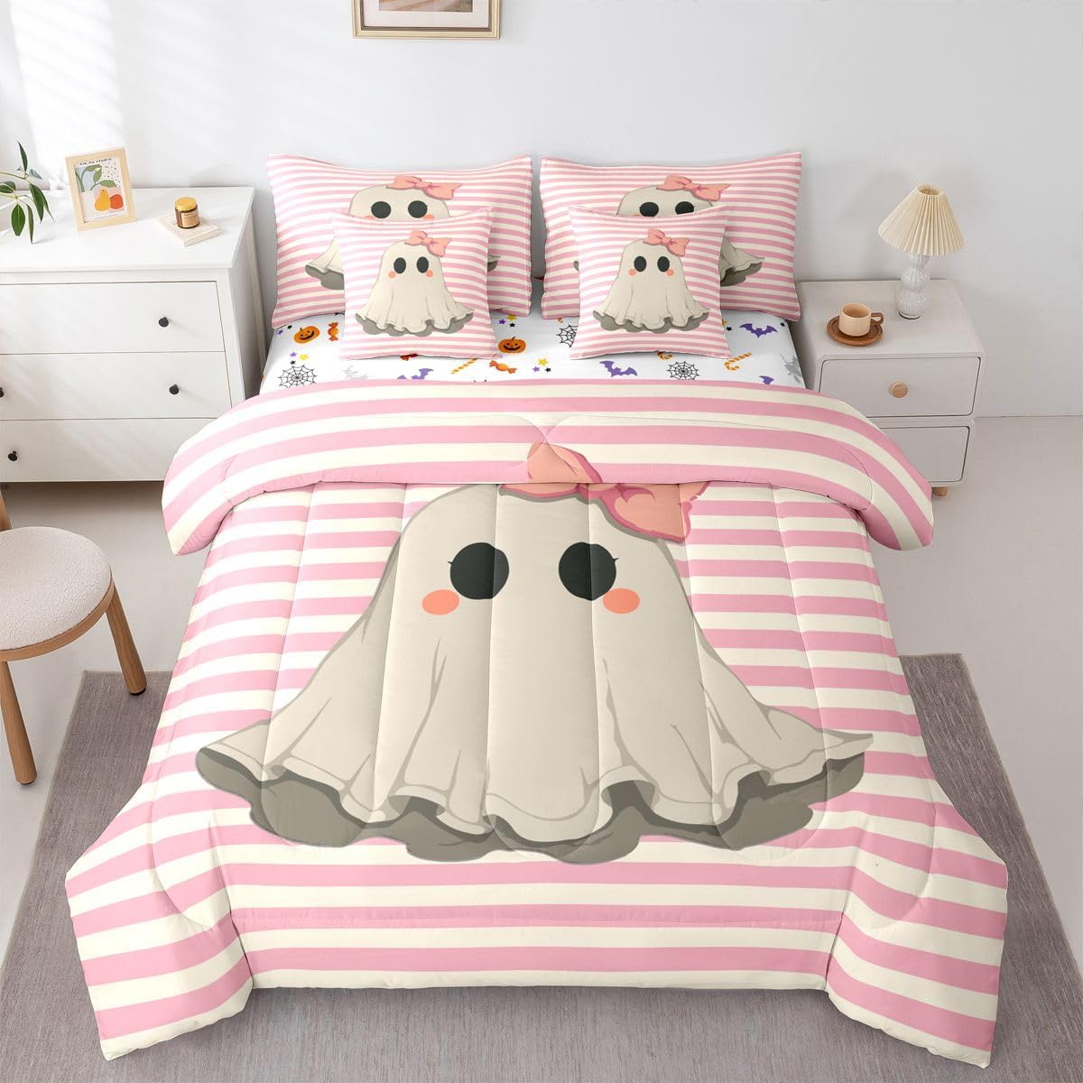 Feelyou Kids Pink Halloween Comforter Set King Size 7 Pieces Comforters Friendly Cartoon Ghost Bedding Set Stripes Lines Bed in a Bag with Comforter, Sheets, Pillowcases & Cushion Covers