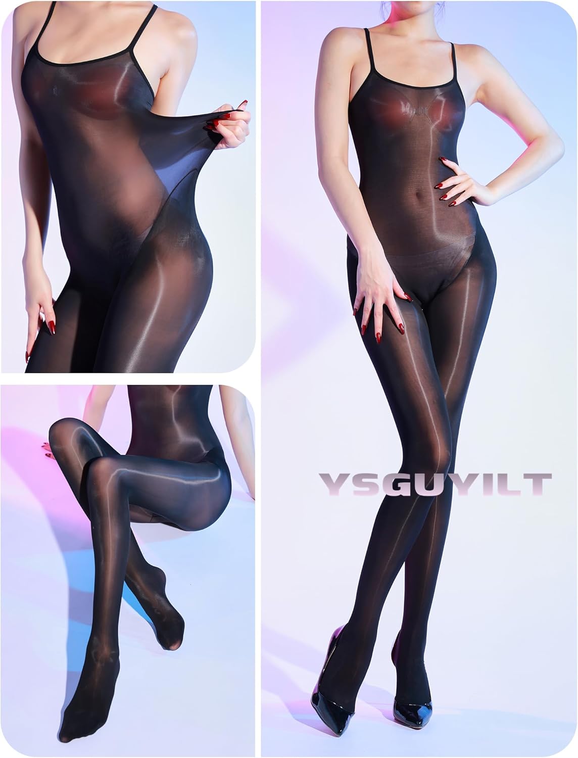 Bodystocking Lingerie for Women Sheer Nylon Body Stockings Glossy High-Stretch Full-Body Catsuit - Image 5