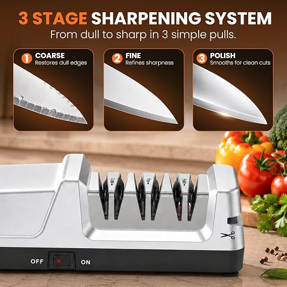 4-in-1 Electric Knife Sharpener for Home Cooks Kitchen, Silver