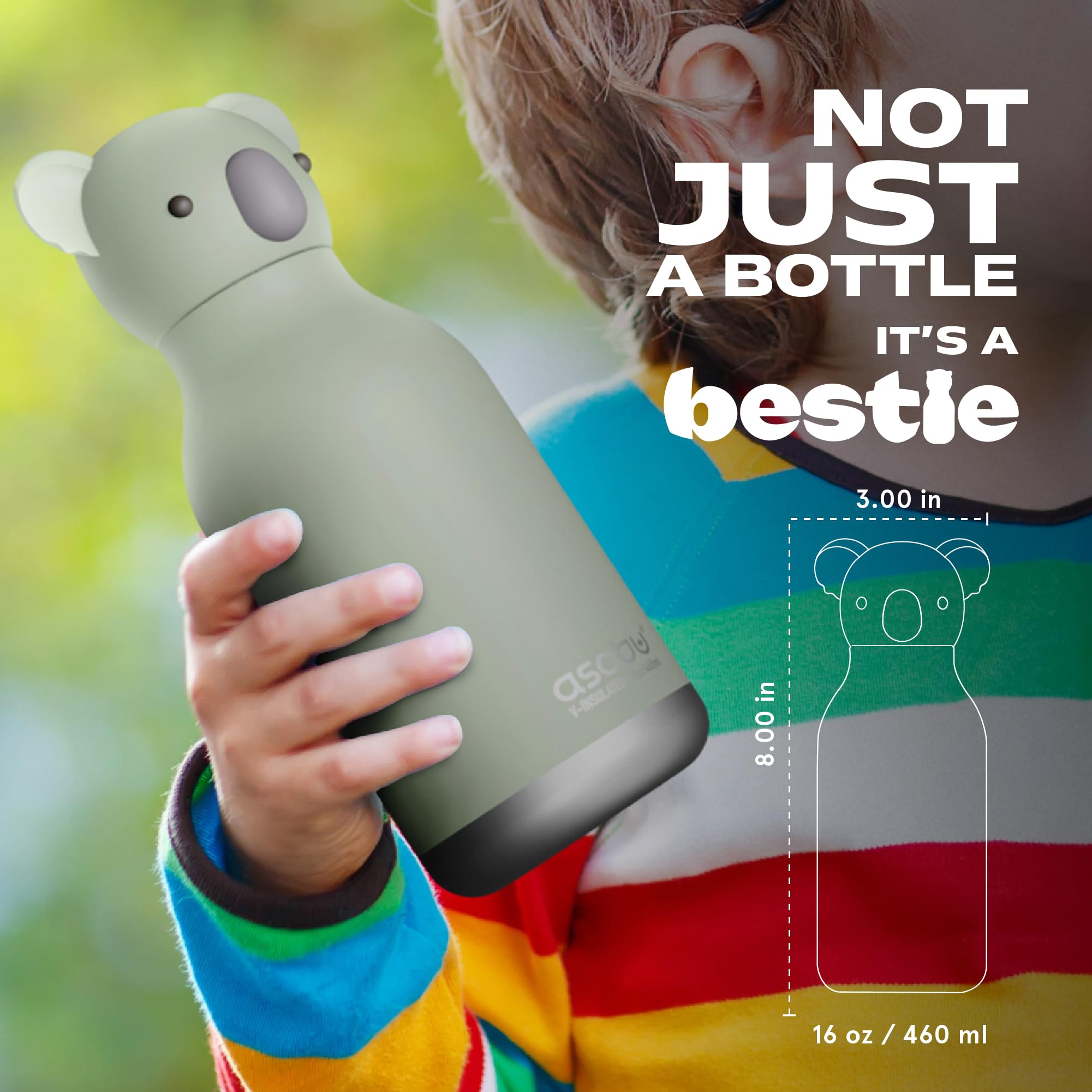 Asobu Bestie Fles Geïsoleerde Roestvrijstalen Waterfles Met Afneembare Zachte Dierenkop Leuk Drinken Voor Kinderen En Tieners Met Flexibel Herbruikbaar Rietje 16oz