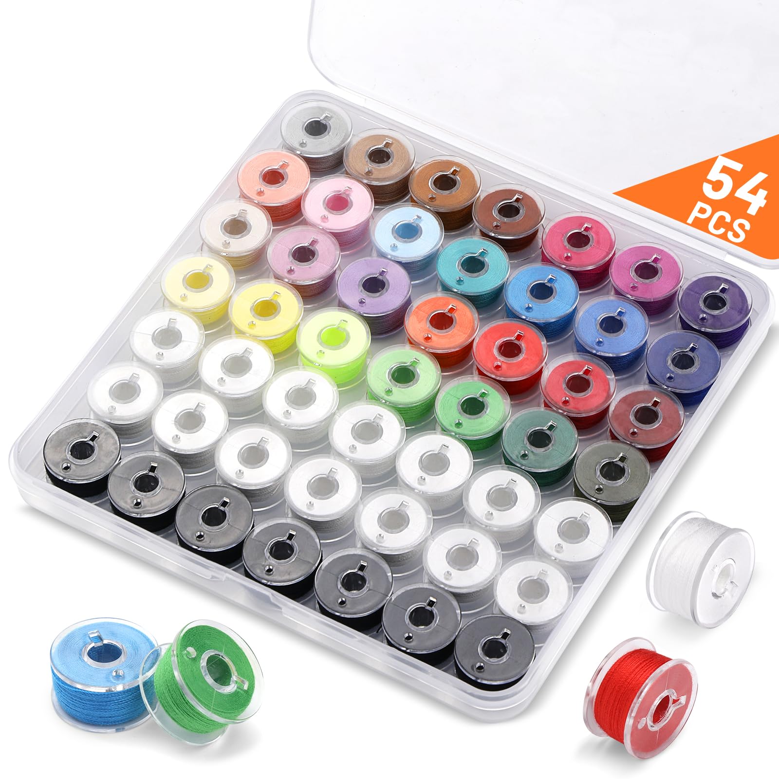 54 Pcs Bobbins for Sewing Machine Bobbins, Assorted Colors Sewing Machine Thread with Bobbin Case, Pre-Wound Bobbins Sewing Machine Accessories for Handheld Sewing Machine, Embroidery Machine