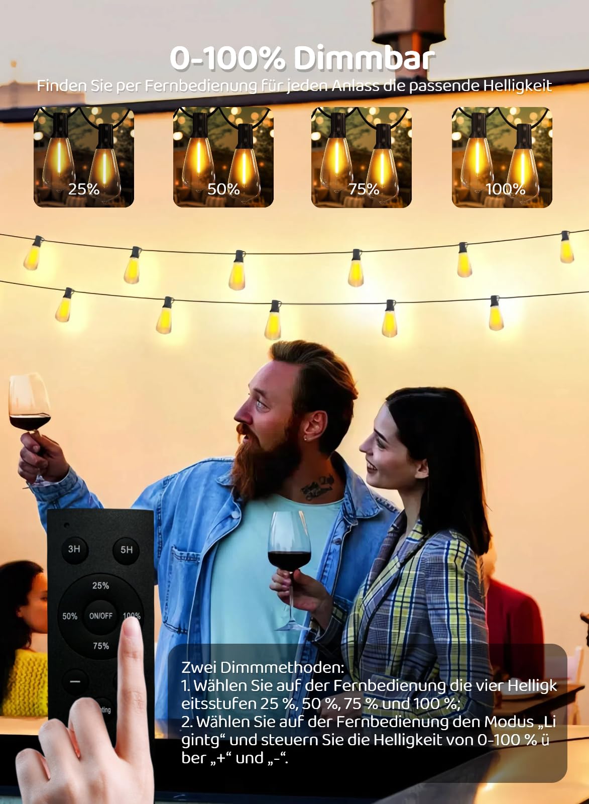 Gaoxun 50FT Solar/USB Outdoor String Lights with 25 Shatterproof LED Bulbs(1 Spares), Waterproof ST38 Patio Lights Dimmable with Remote, 3 Modes, Timer, for Backyard Garden Party, 2700K Warm White - 4