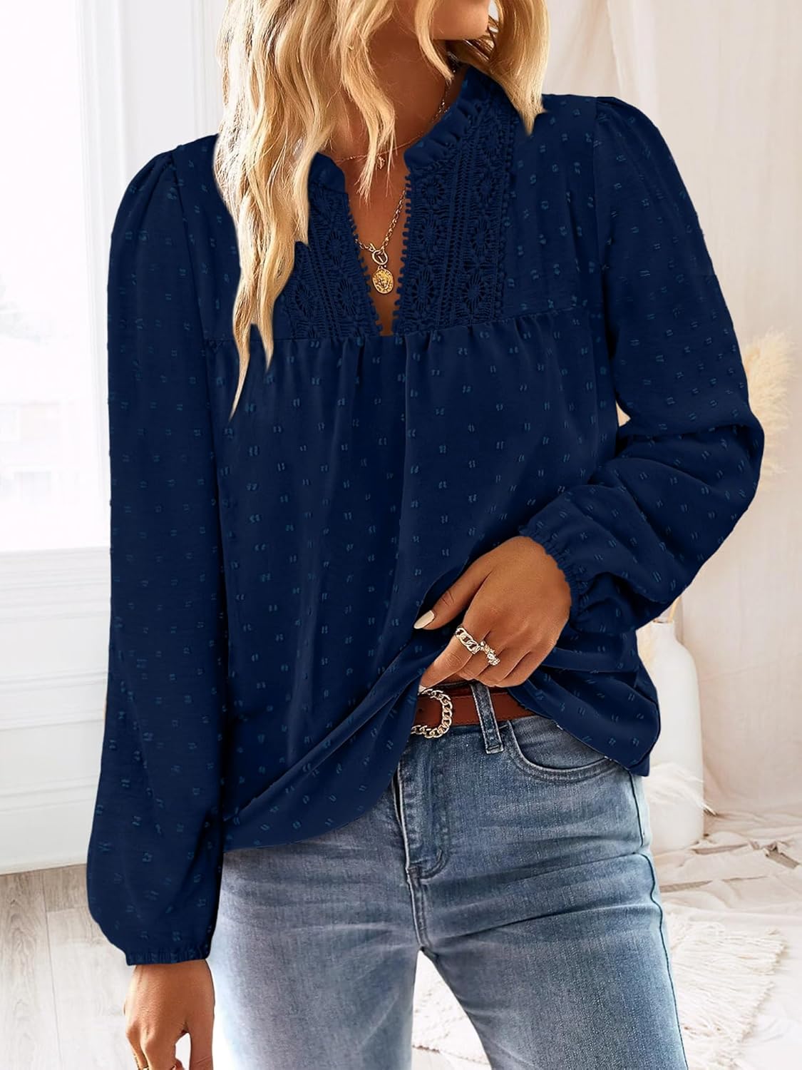 BETTE BOUTIK Women Boho Long Sleeve Shirts Dressy Casual V Neck Fall Fashion Tops Swiss Dot Flowy Blouses - Image 2