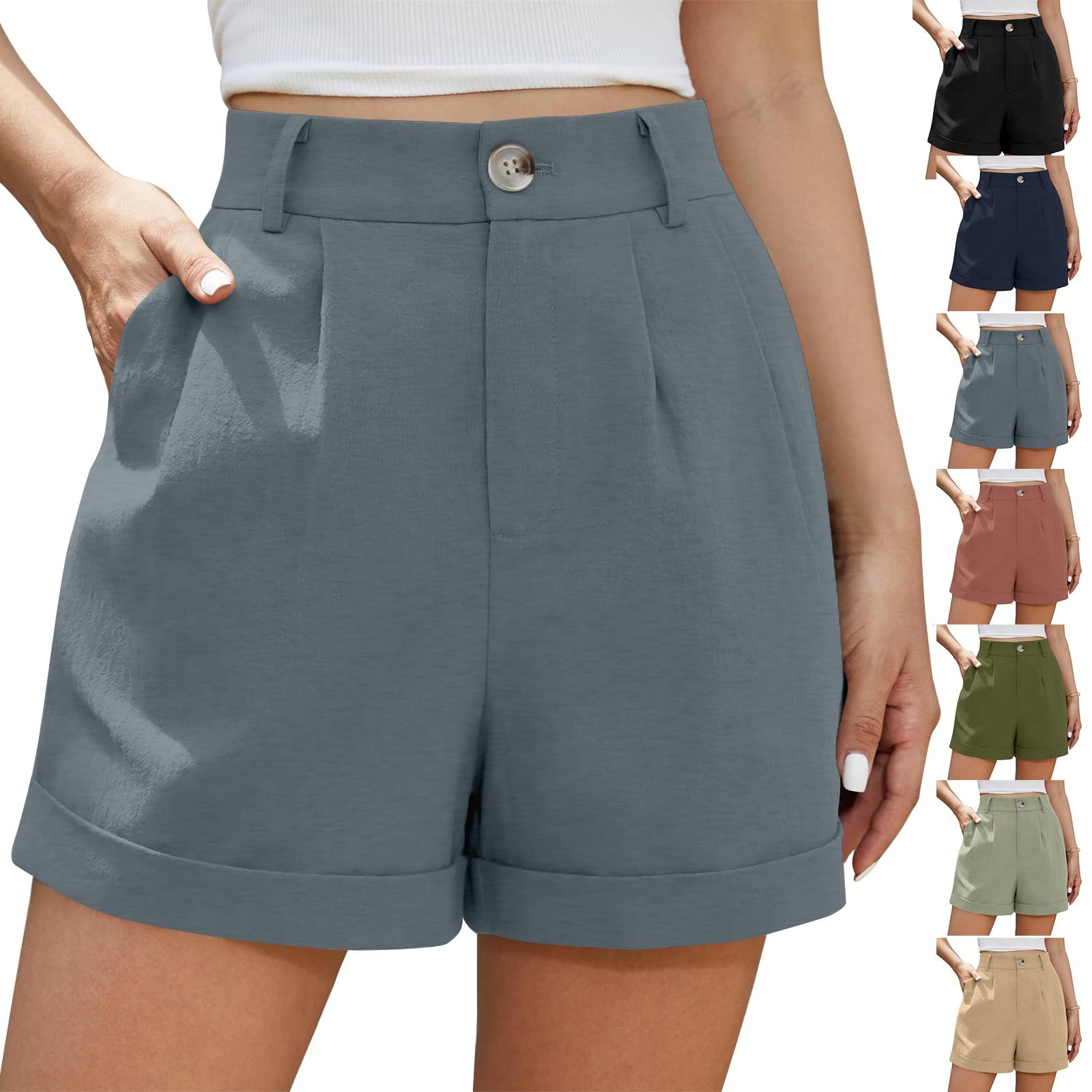 Womens Linen Shorts Summer Pleated High Waisted Shorts Dressy Casual Work Short Roll Up Wide Leg Short Pants