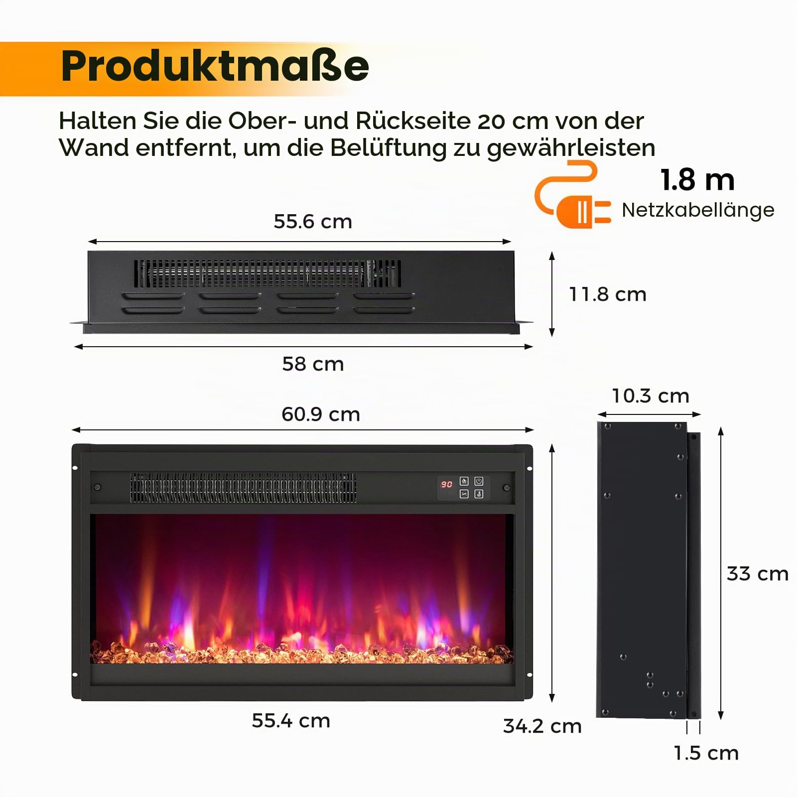 SOARS Elektrischer Kamin 1500W, Dekorativer Kunstkamin mit LED-Flammeneffekt 12 Farben, 3 Helligkeitsstufen, Heizung 17-32℃, Überhitzungsschutz, Fernbedienung (60,9 x 11,8 x 34,2 cm)