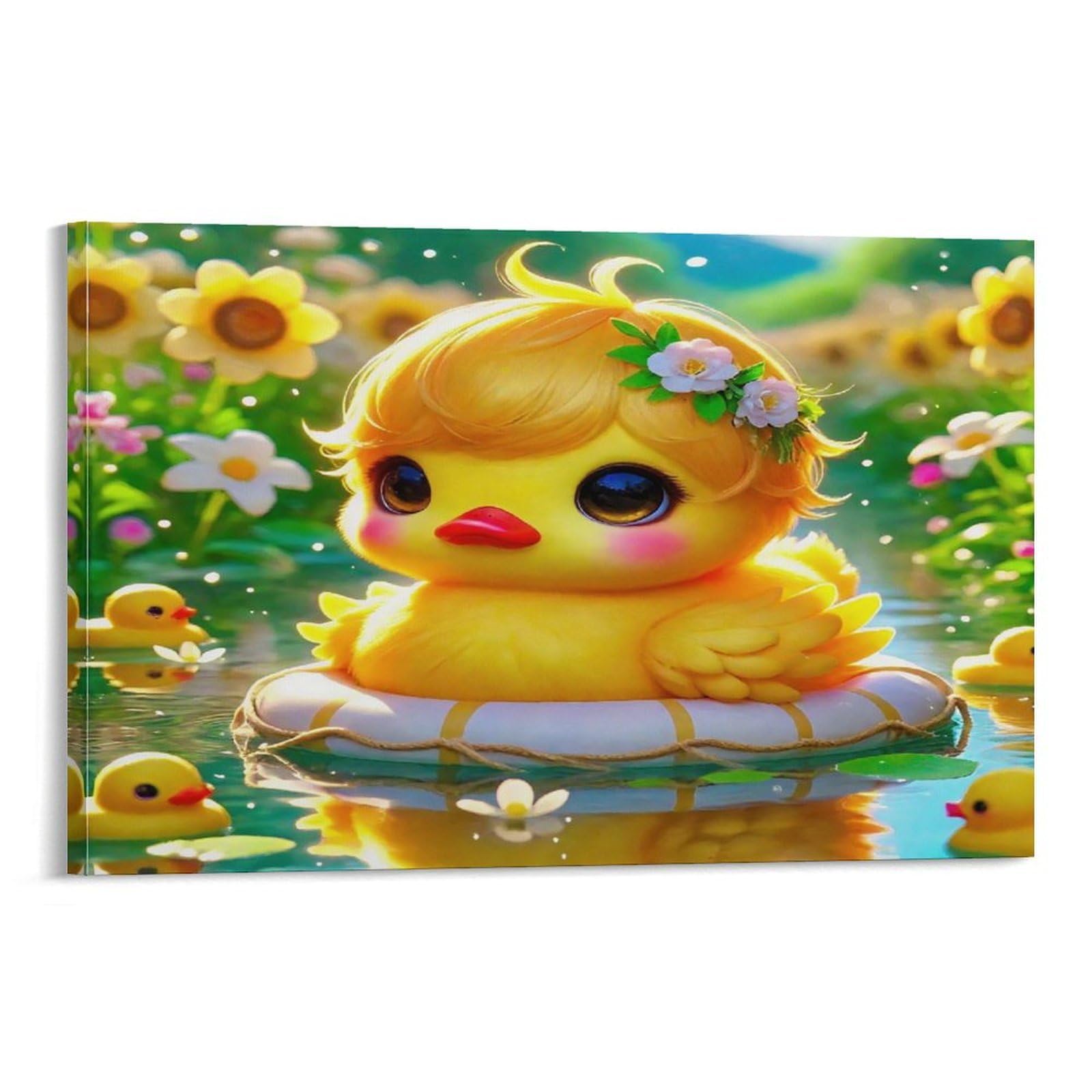 CPLVKWRQJ Cute Chick Crying Single Piece Yellow Duckling Sunflower Lily Pond Framed Wall Art - Office Canvas Print Fade Resistant Wall Focal Art Decor 20x30inch(50x75cm)