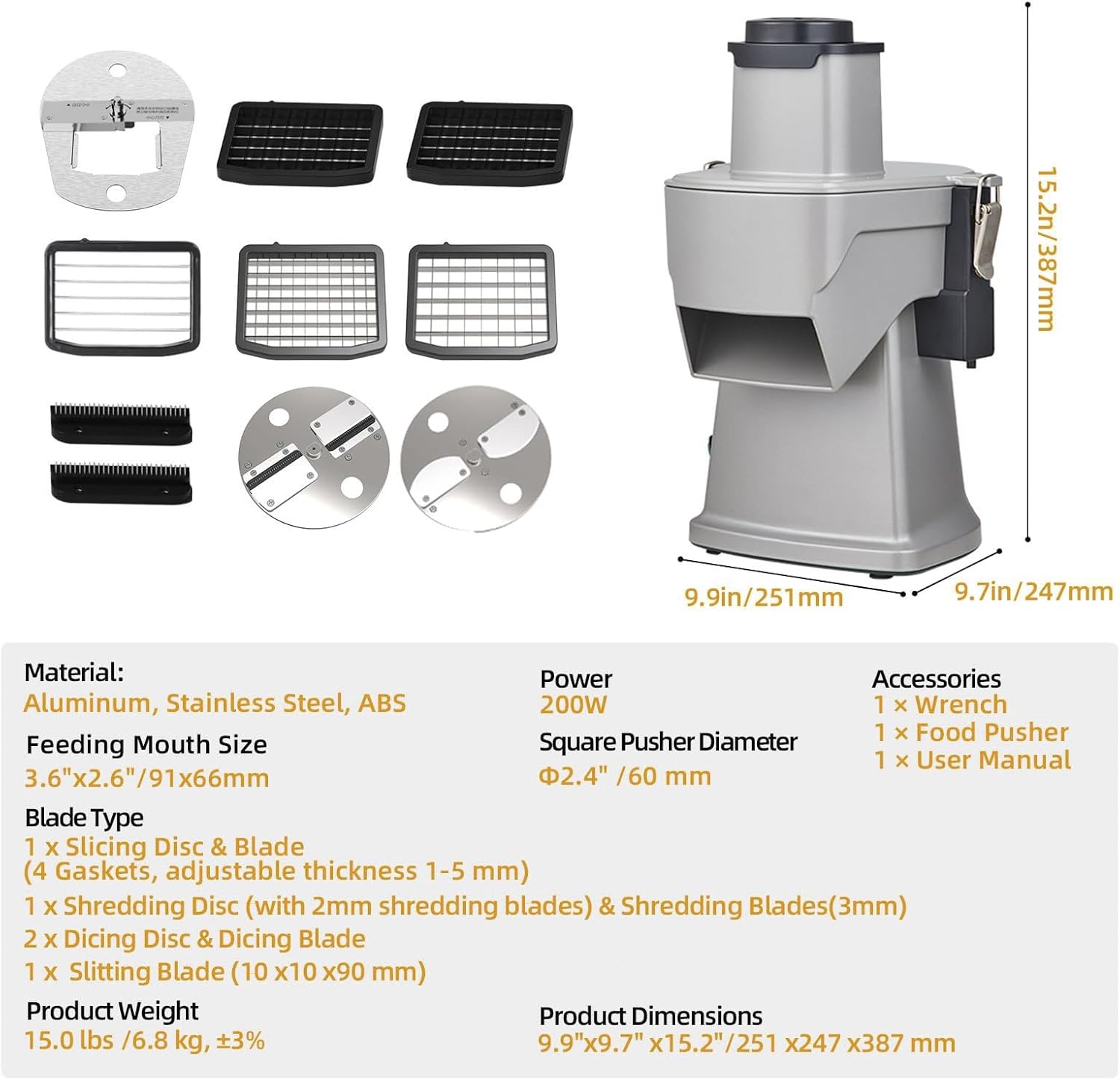 Electric Vegetable Chopper,200W Vegetable Slicer Food Processor, Veggie Food Cutter with Slicing Shredding Dicing & Striping Function for Commercial Home Use, 5 Blades