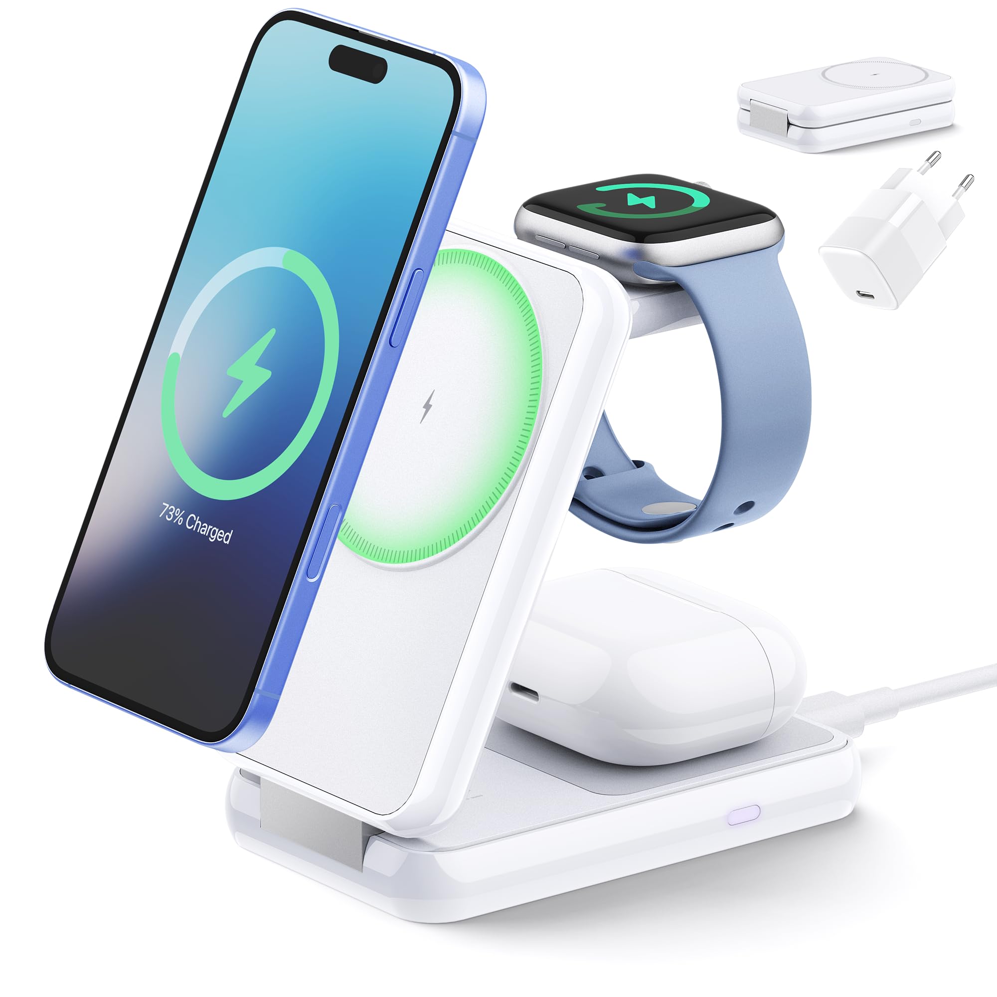 iVANKY Stazione di ricarica wireless pieghevole 3 in 1 con caricatore PD da 30 W
