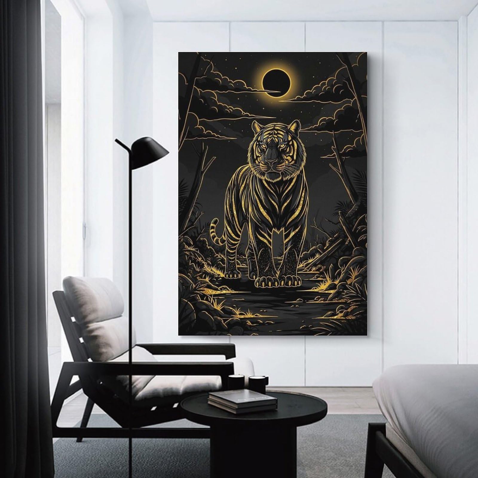 Junmoney Golden Tiger in Moonlit Forest Decorative Wall Artwork 20x30inch(50x75cm), for New Homes, Bedrooms Or Workspaces, A Wall Art Gift for Fresh Interiors