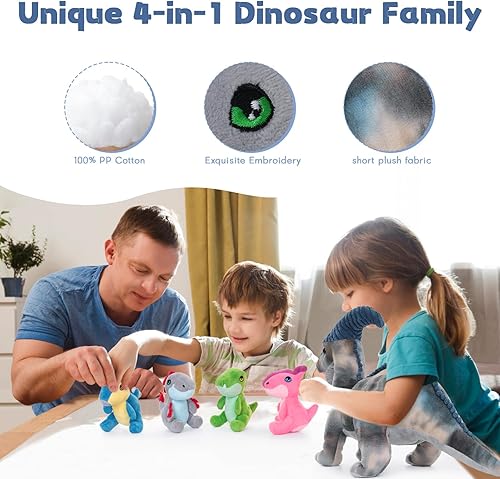 Miniatura 3 de MaoGoLan Animal de peluche de dinosaurio gigante de 22 pulgadas, un parasaurolofo de mamá grande con 4 bebés en el interior, juguetes de peluche