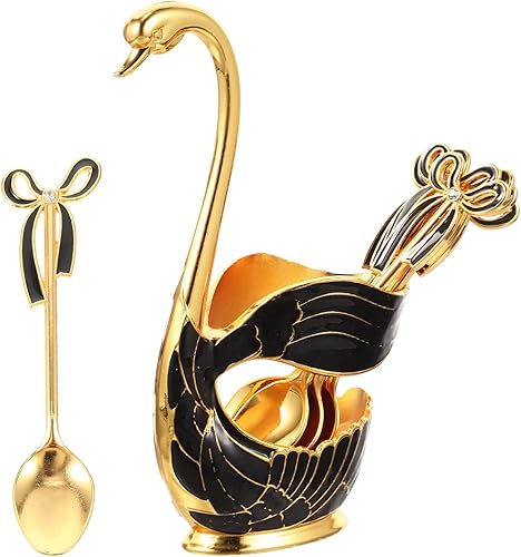 Miniatura 7 de HEMOTON Juego de cucharas de café con soporte de base de cisne, 6 cucharas de postre con organizador, juego de cubiertos para té, helado, pastel,