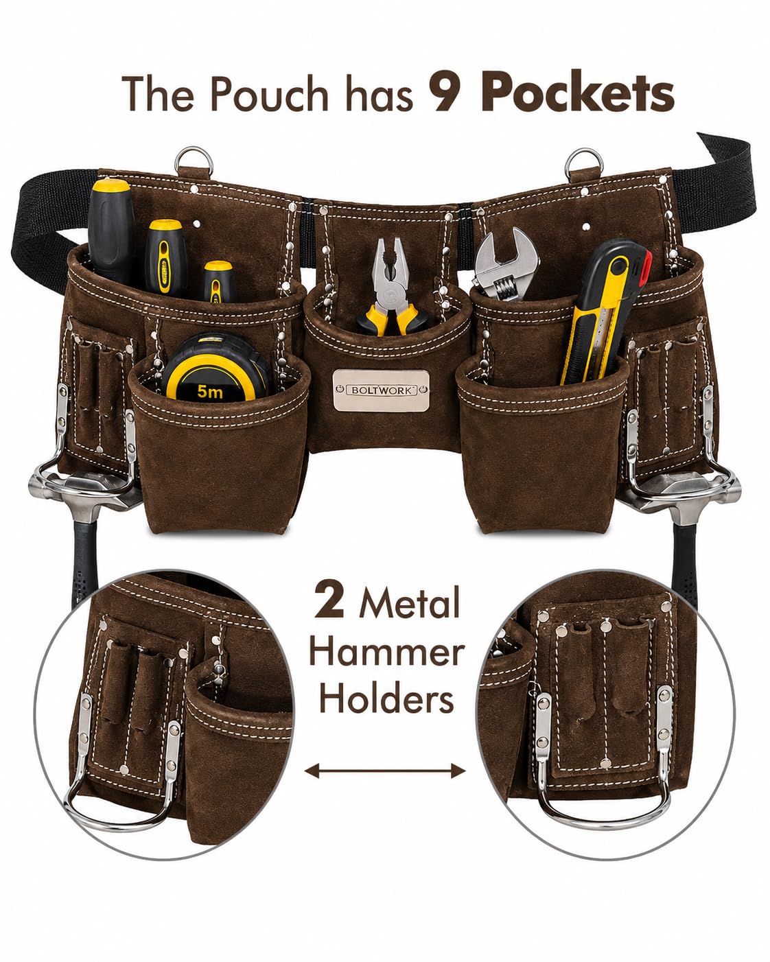BOLTWORK Pochette à outils en cuir Pro Heavy Bag Organizer Hand Tools avec ceinture réglable en nylon et boucle en métal pour s'adapter aux tailles S à XXL, 1 % de la valeur de vente sera reversée à