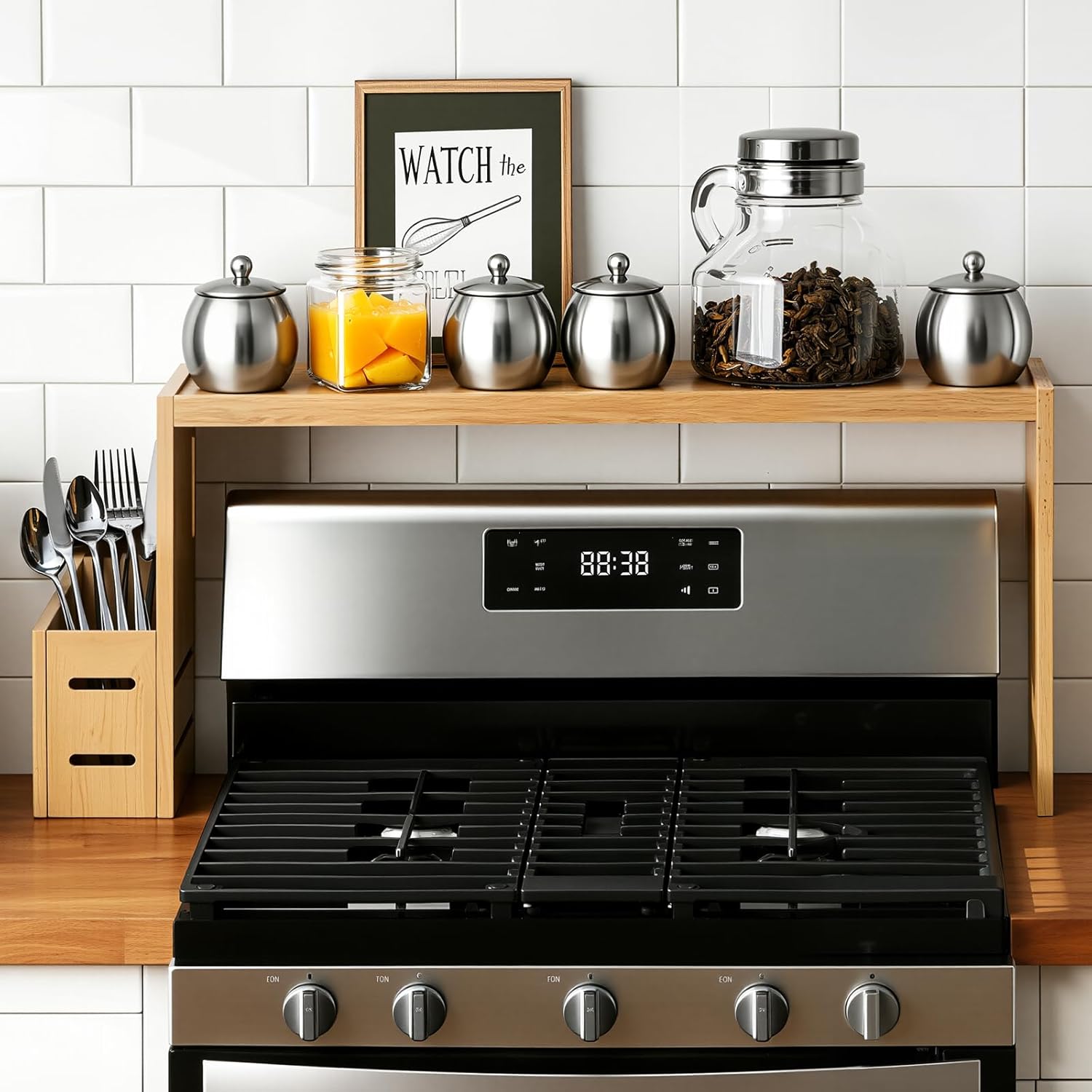 31-inch Bamboo Stove Rack for Above the Hob,Height Adjustable, Kitchen Bamboo Spice Rack, Supports Up to 50 Pounds. Stove Rack for Storing Spices and Kitchen Utensils (Bamboo-wood color)