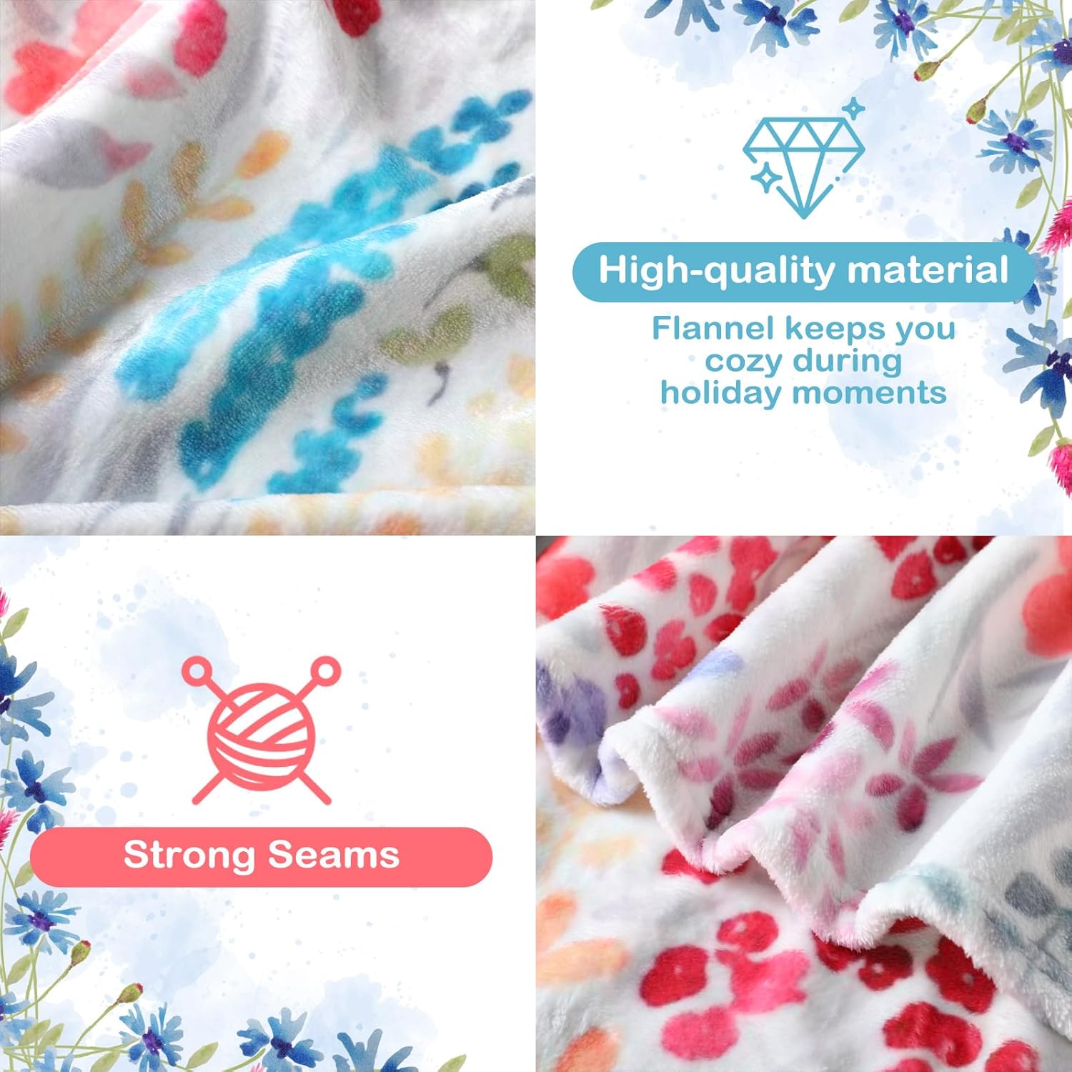 Spring Watercolor Wildflowers Throw Blanket 50"x60" Soft Warm Vintage Floral Plush Flannel Decorative Blanket for Living Room Couch Bedroom Bed, Romantic Gift for Mom Wife Girlfriend - Image 3