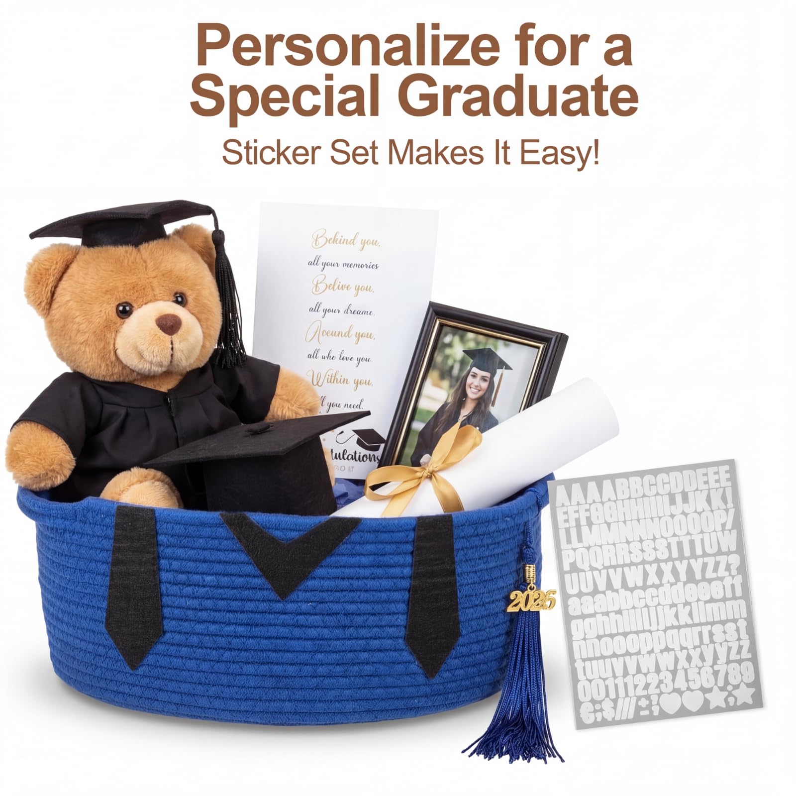 Colingmill Class of 2026 Senior Graduation Gift Basket Empty, 14x10x5.5 Inch Woven Rope Basket with Grad Design Bag & Ribbon Letter Stickers Tassel & Card Decorative DIY Congrats Gift(Black and Blue)