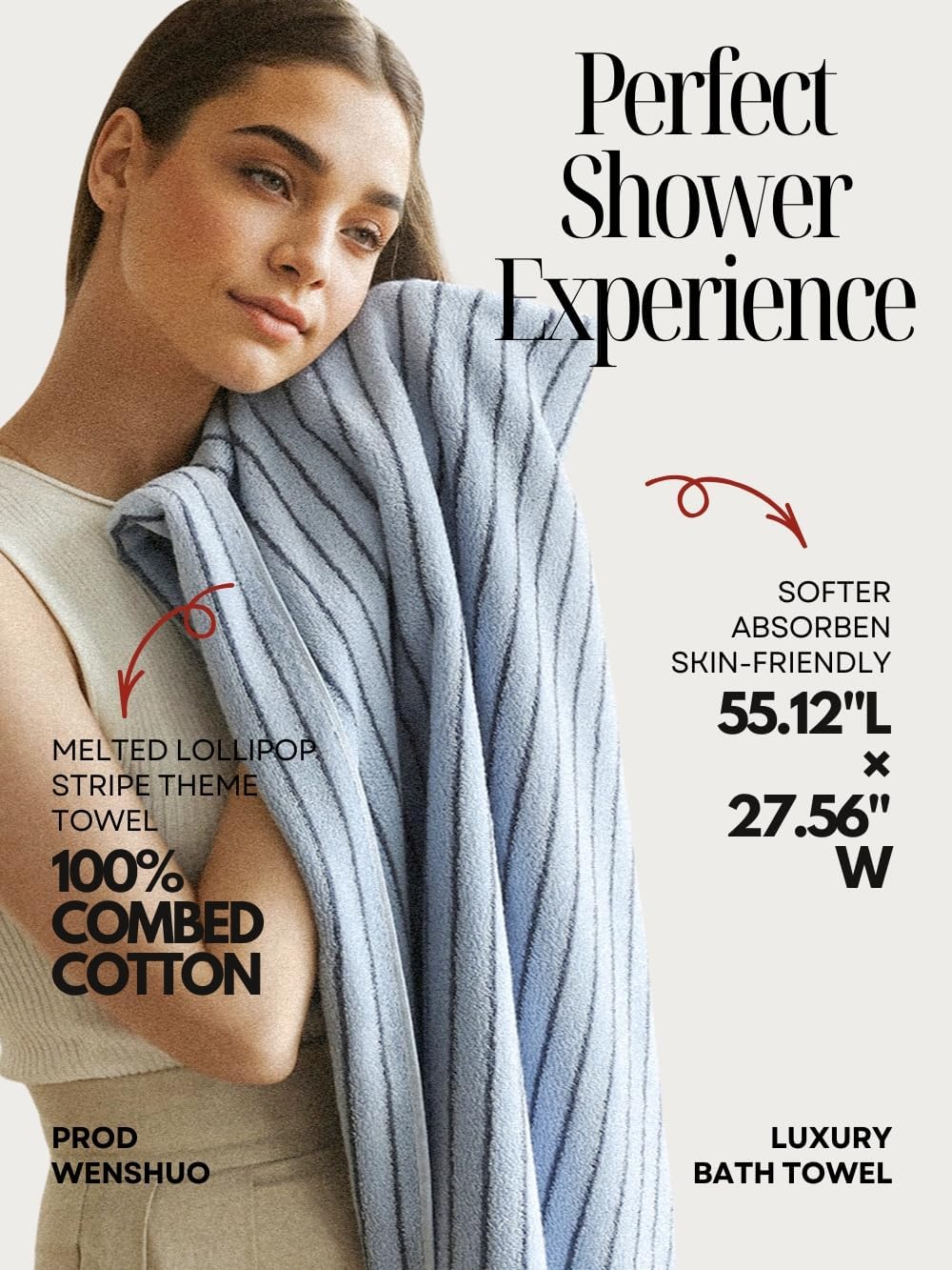 WENSHUO Tranquil Bluejay-Striped Pure Cotton Bath Towel,100% Combed Cotton,Luxury Shower Towel,Super Absorbent(Pack of 1) (55.12" L × 27.56" W) - Image 4